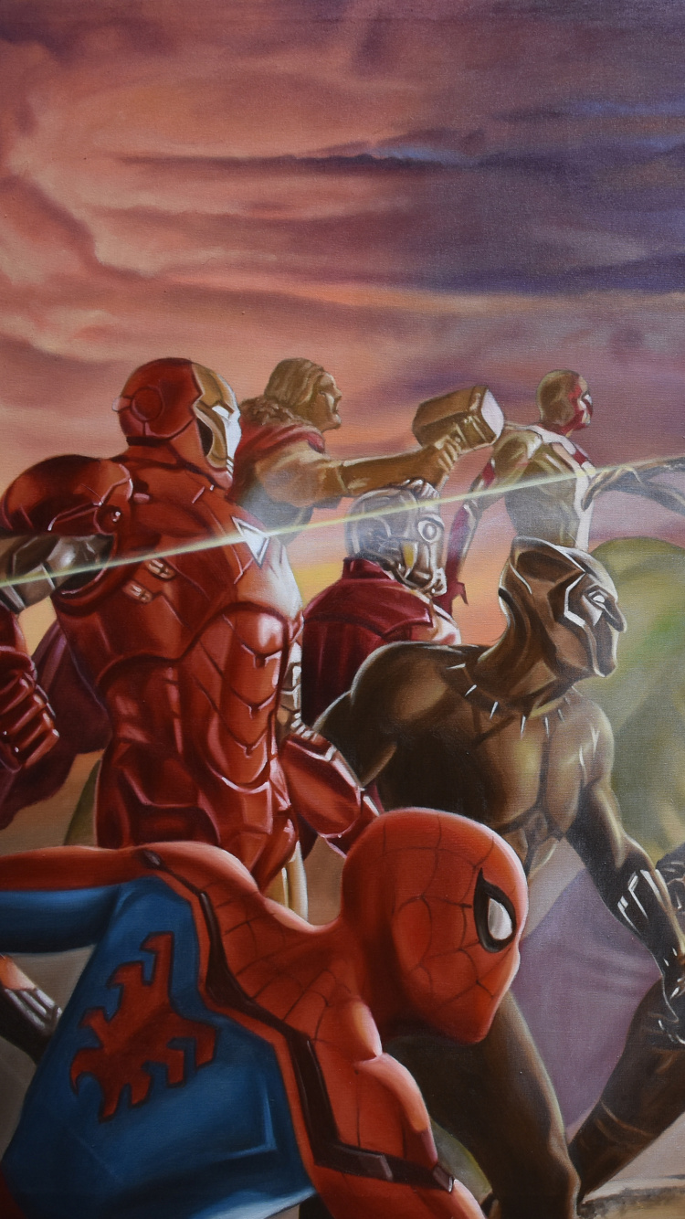 Frau im Roten Kleid Steht Neben Mann im Schwarzen Hemd Malerei. Wallpaper in 750x1334 Resolution