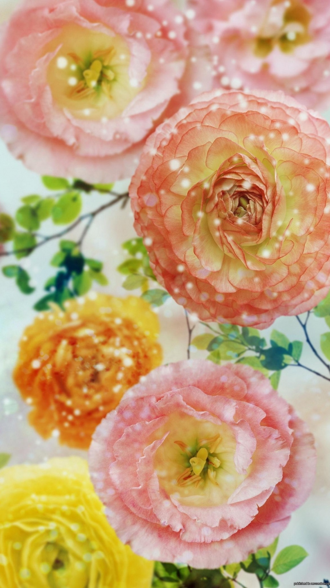 Peinture de Fleurs Jaunes et Roses. Wallpaper in 1080x1920 Resolution