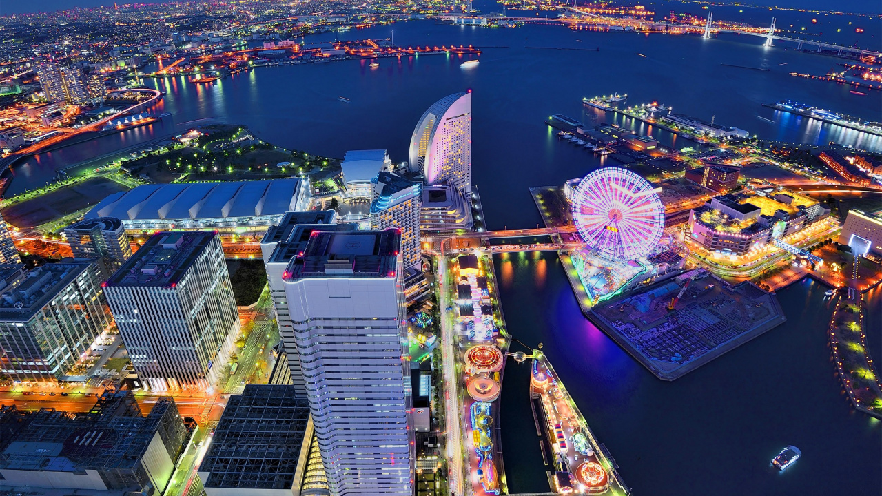Aerial View of City Buildings During Night Time. Wallpaper in 1280x720 Resolution