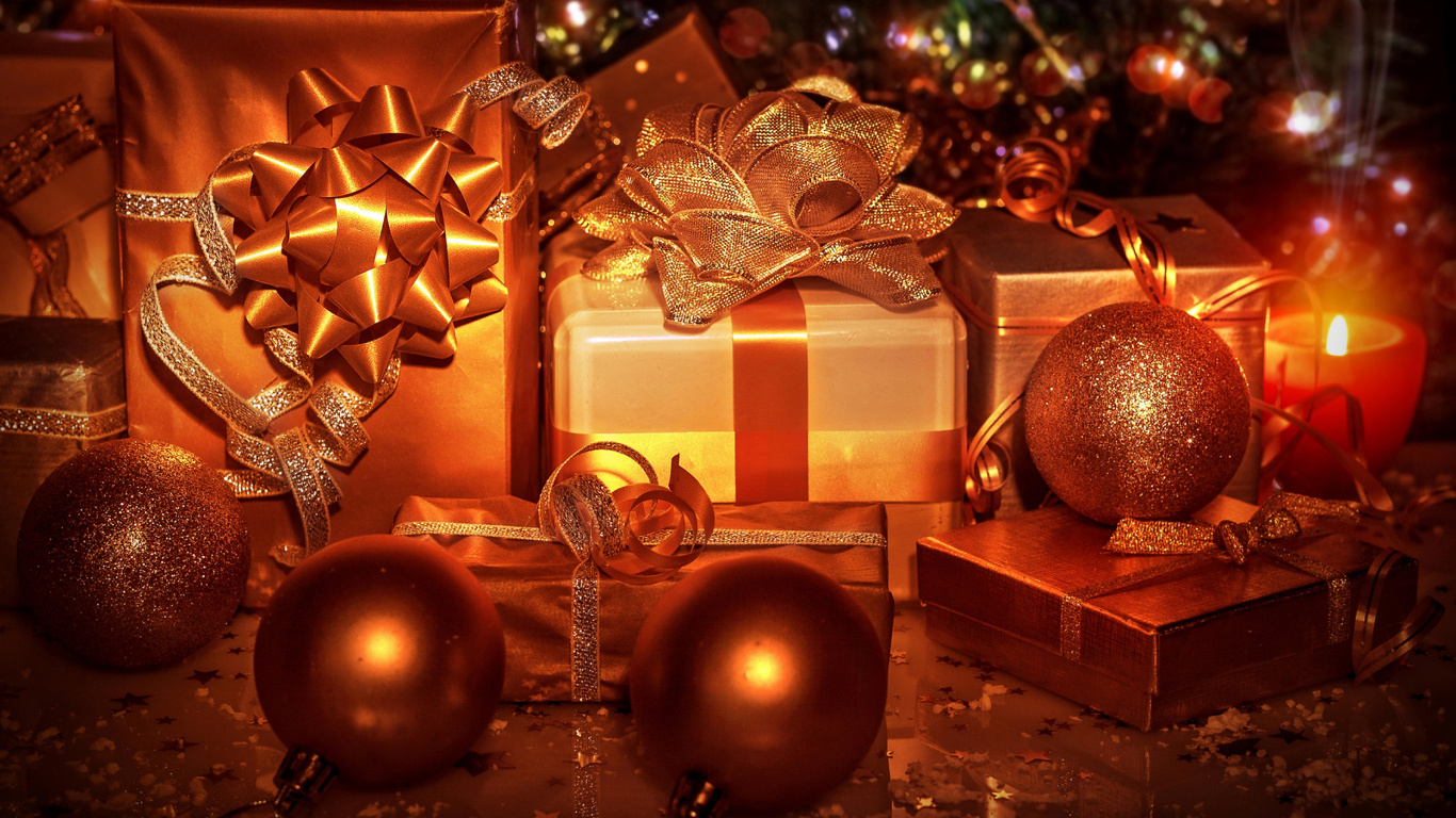 圣诞节那天, 圣诞节的装饰品, 圣诞树, 圣诞节礼物, 假日 壁纸 1366x768 允许