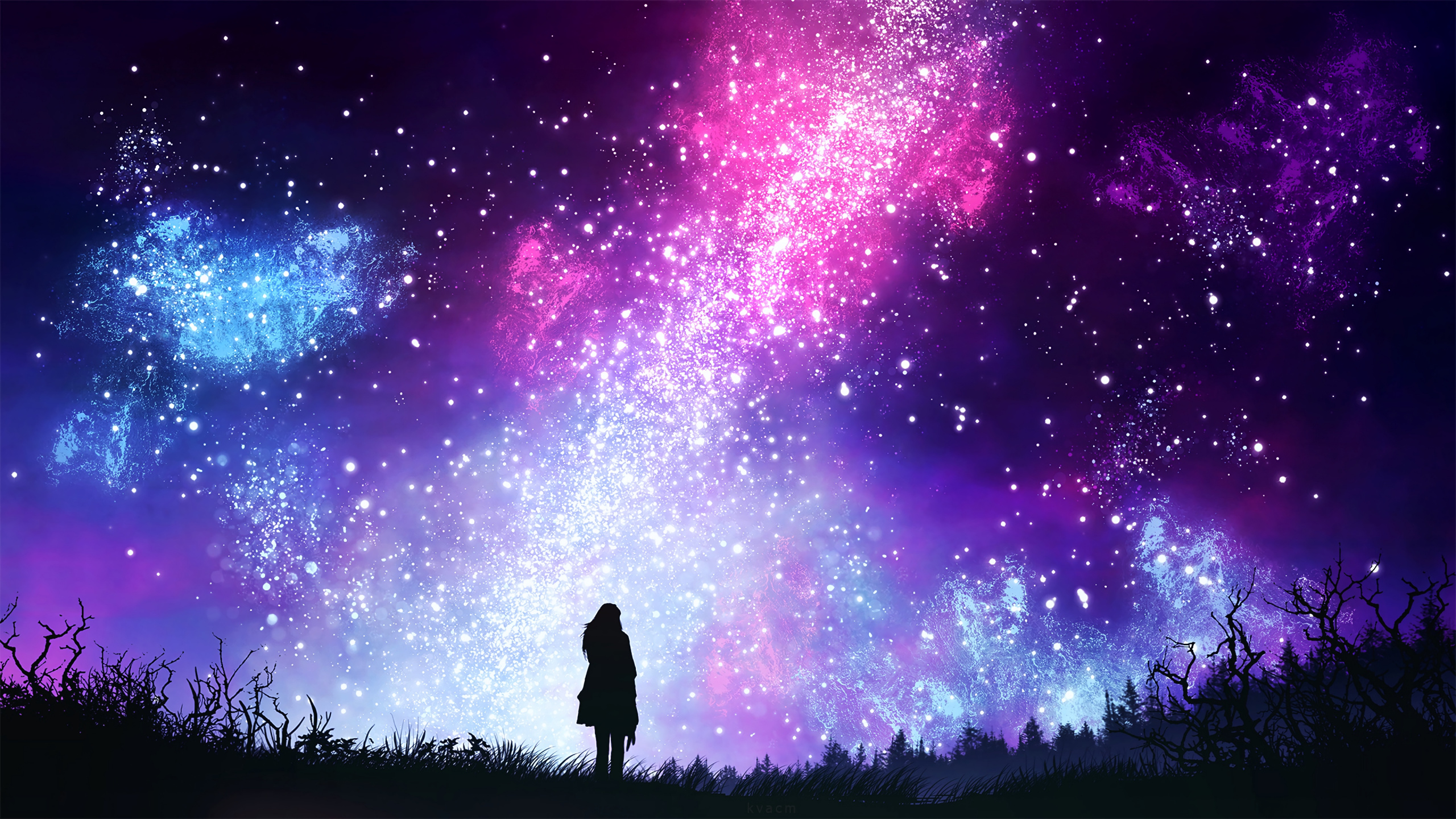 Silhouette of Man and Woman Under Purple Sky. Wallpaper in 2560x1440 Resolution