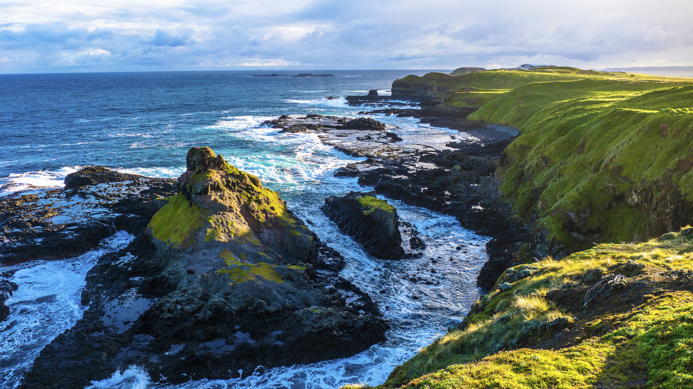 Green and Brown Rock Formation on Sea During Daytime. Wallpaper in 1366x768 Resolution