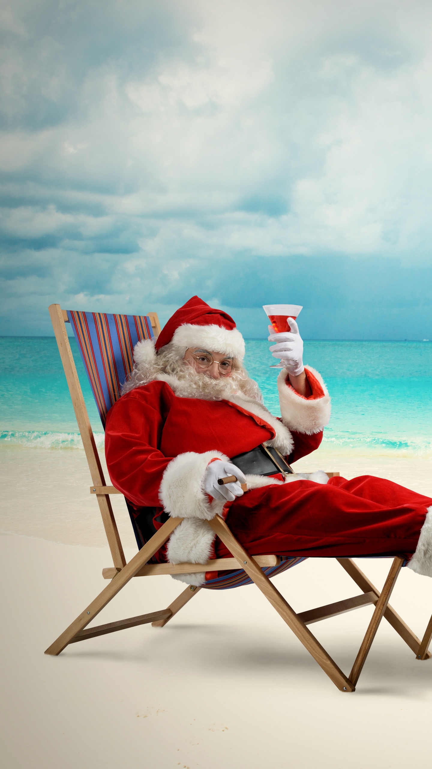 Santa Claus, Christmas Day, Beach, Sea, Vacation. Wallpaper in 1440x2560 Resolution