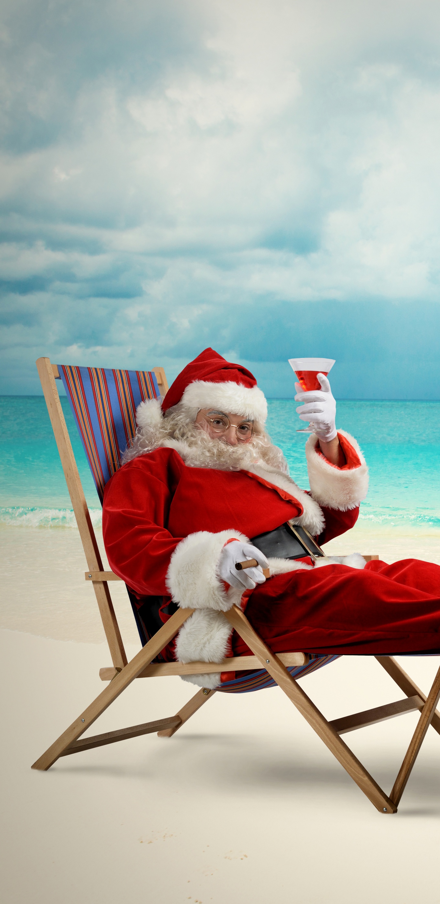 Santa Claus, Christmas Day, Beach, Sea, Vacation. Wallpaper in 1440x2960 Resolution