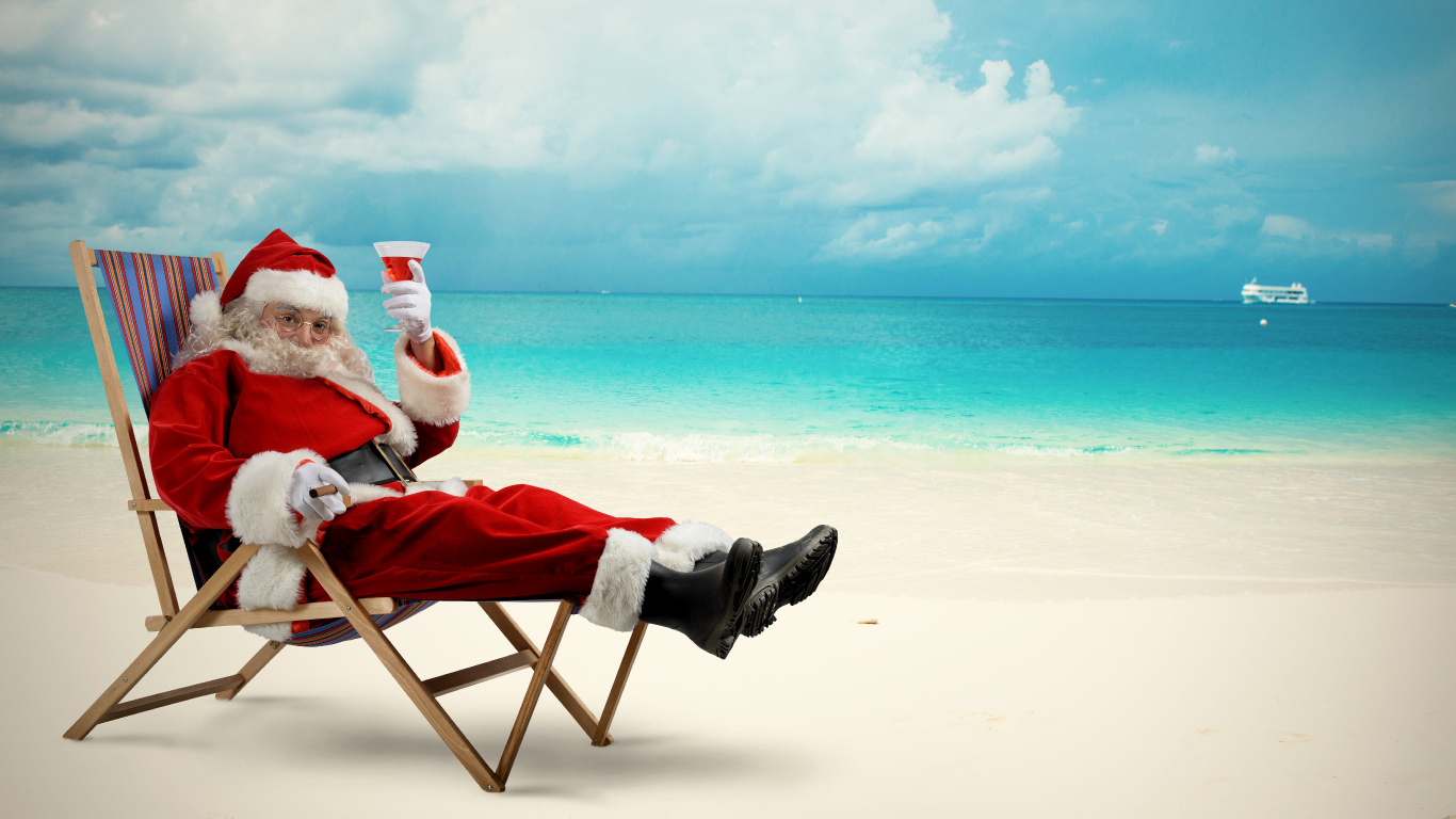 Weihnachtsmann, Weihnachten, Strand, Meer, Urlaub. Wallpaper in 1366x768 Resolution