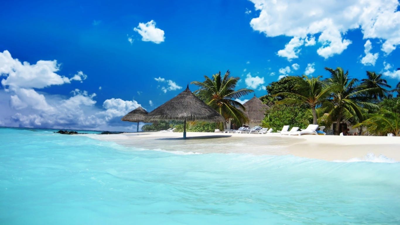 Brown Nipa Hut on Beach During Daytime. Wallpaper in 1366x768 Resolution