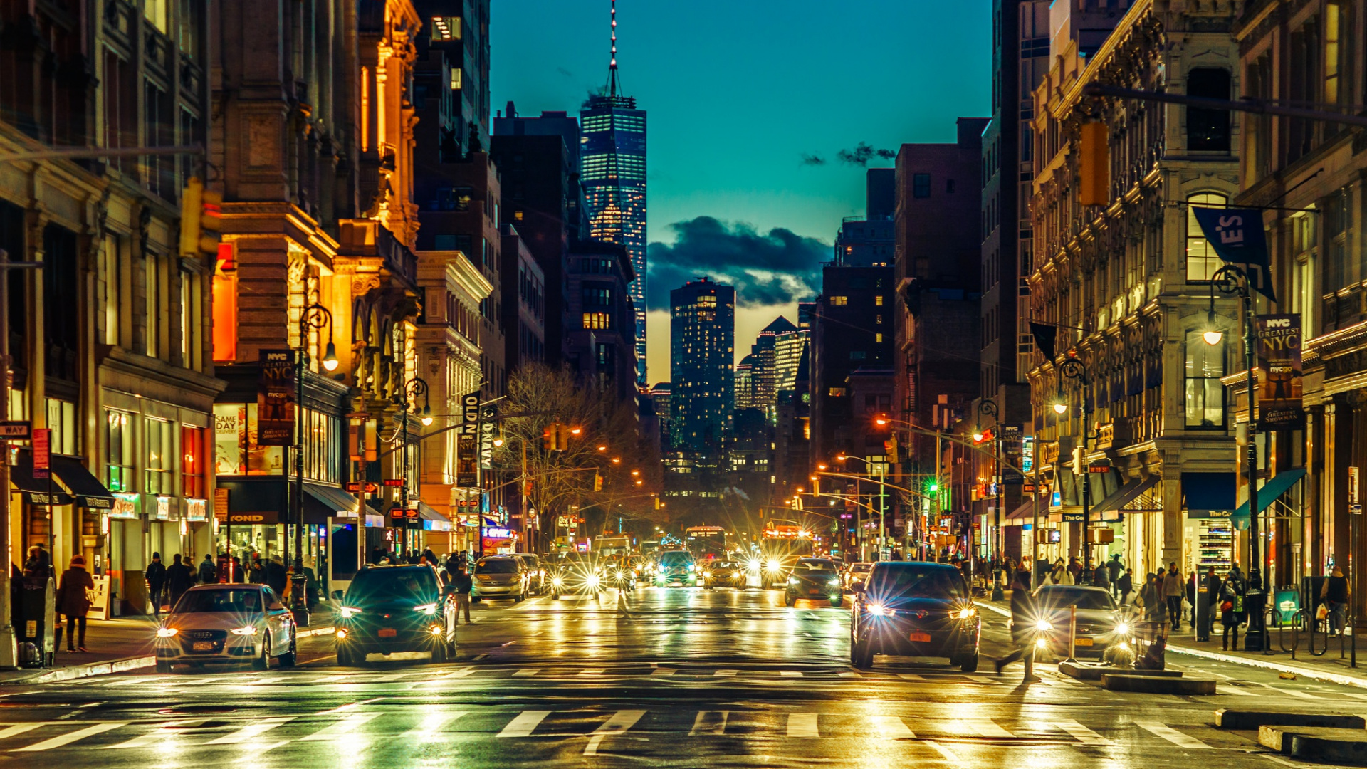 Cars on Road Between High Rise Buildings During Night Time. Wallpaper in 1920x1080 Resolution