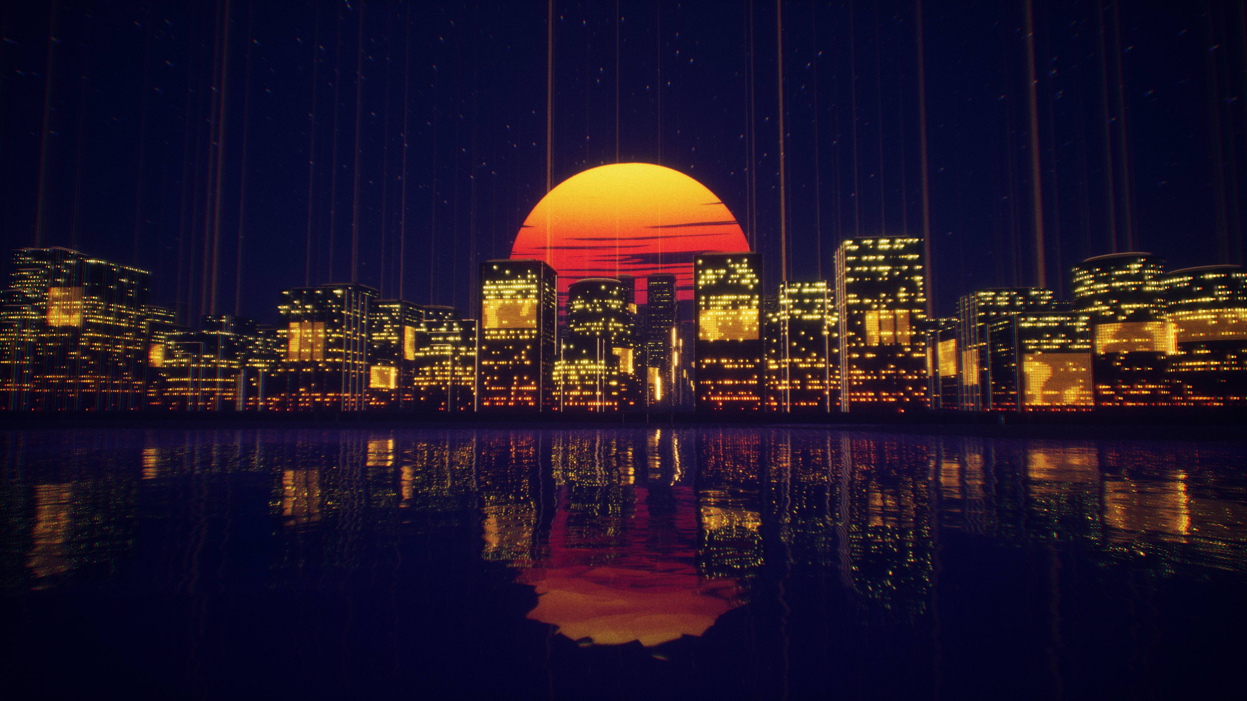 City Retro Sunset, Sunset, Water, Building, World. Wallpaper in 2560x1440 Resolution