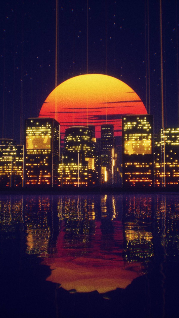City Retro Sunset, Sunset, Water, Building, World. Wallpaper in 720x1280 Resolution