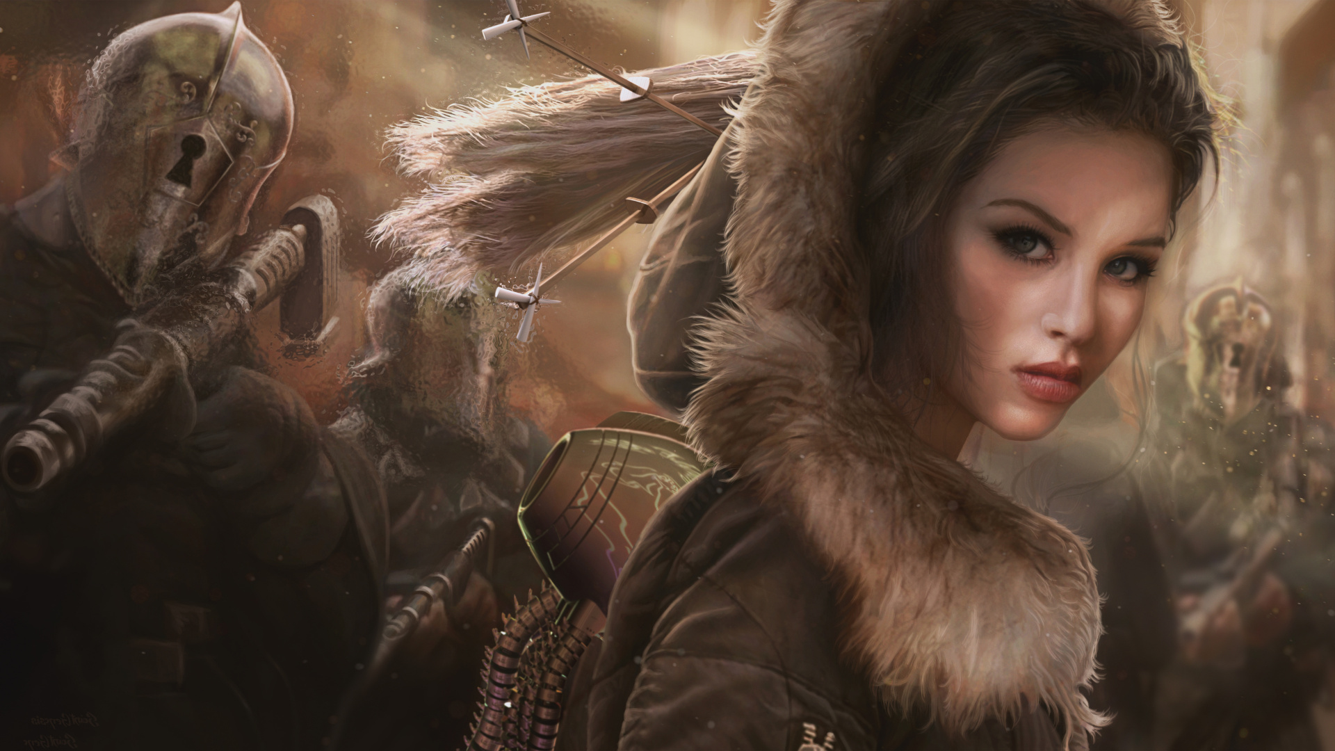 Woman in Brown Fur Coat. Wallpaper in 1920x1080 Resolution