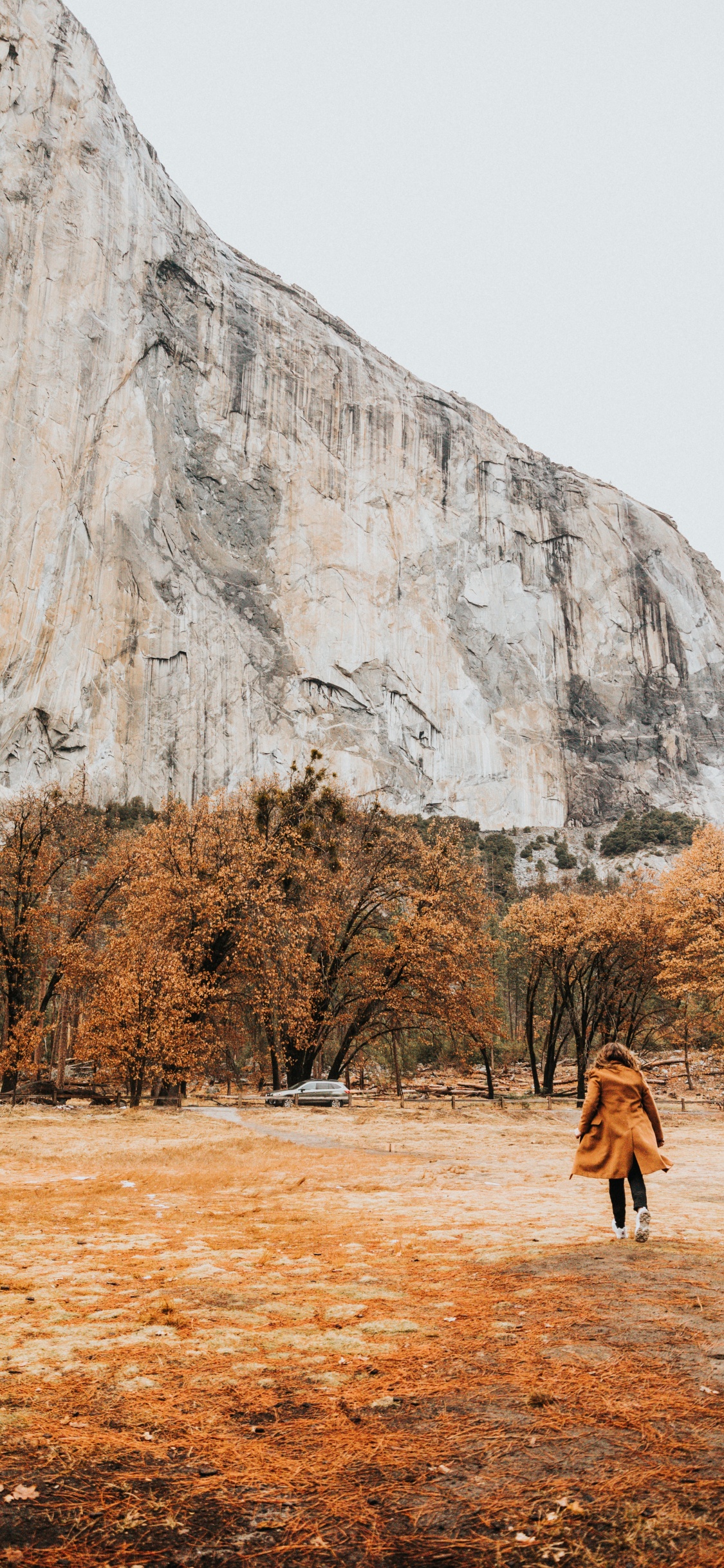 Person in Brown Coat Walking on Brown Field Near Gray Rock Mountain During Daytime. Wallpaper in 1125x2436 Resolution