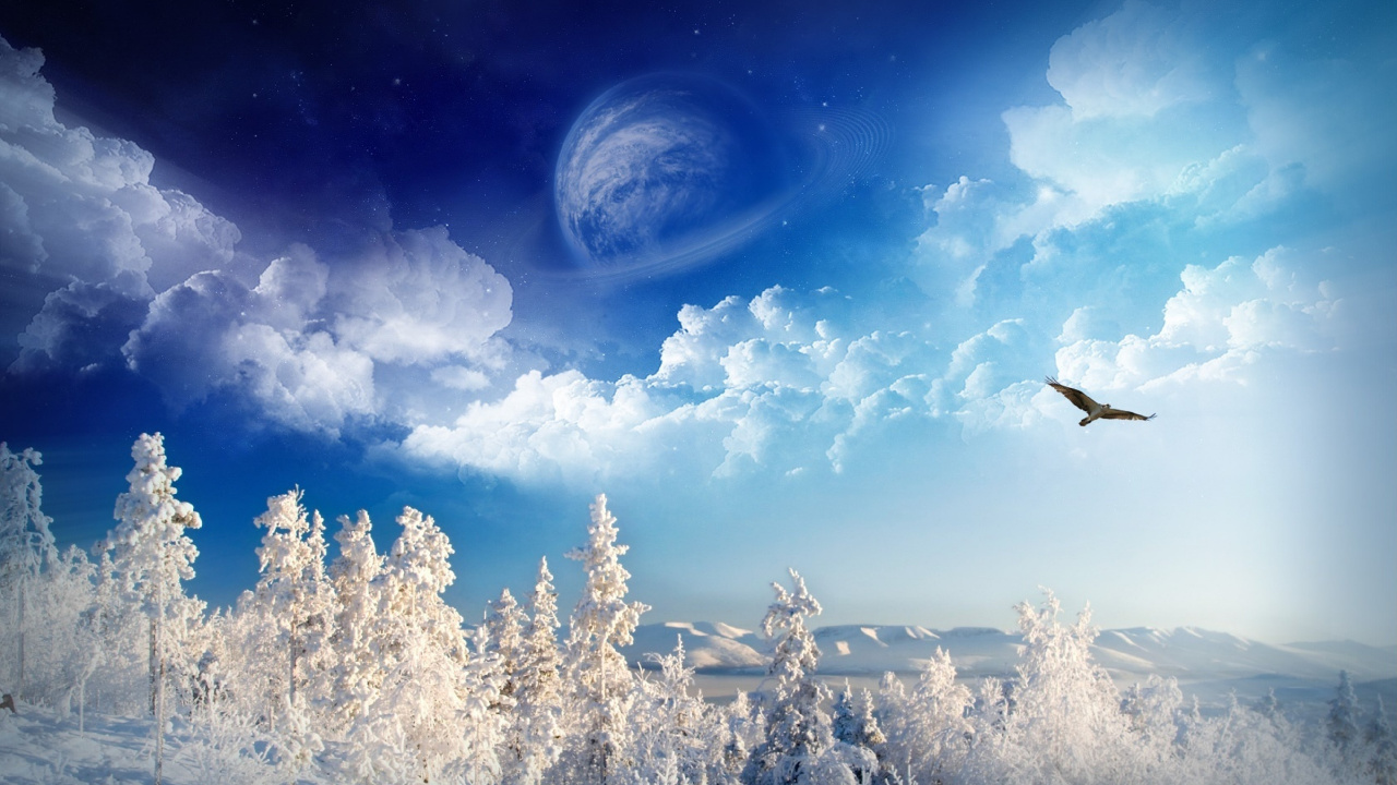 Schneebedeckte Bäume Unter Blauem Himmel Und Weißen Wolken Tagsüber. Wallpaper in 1280x720 Resolution