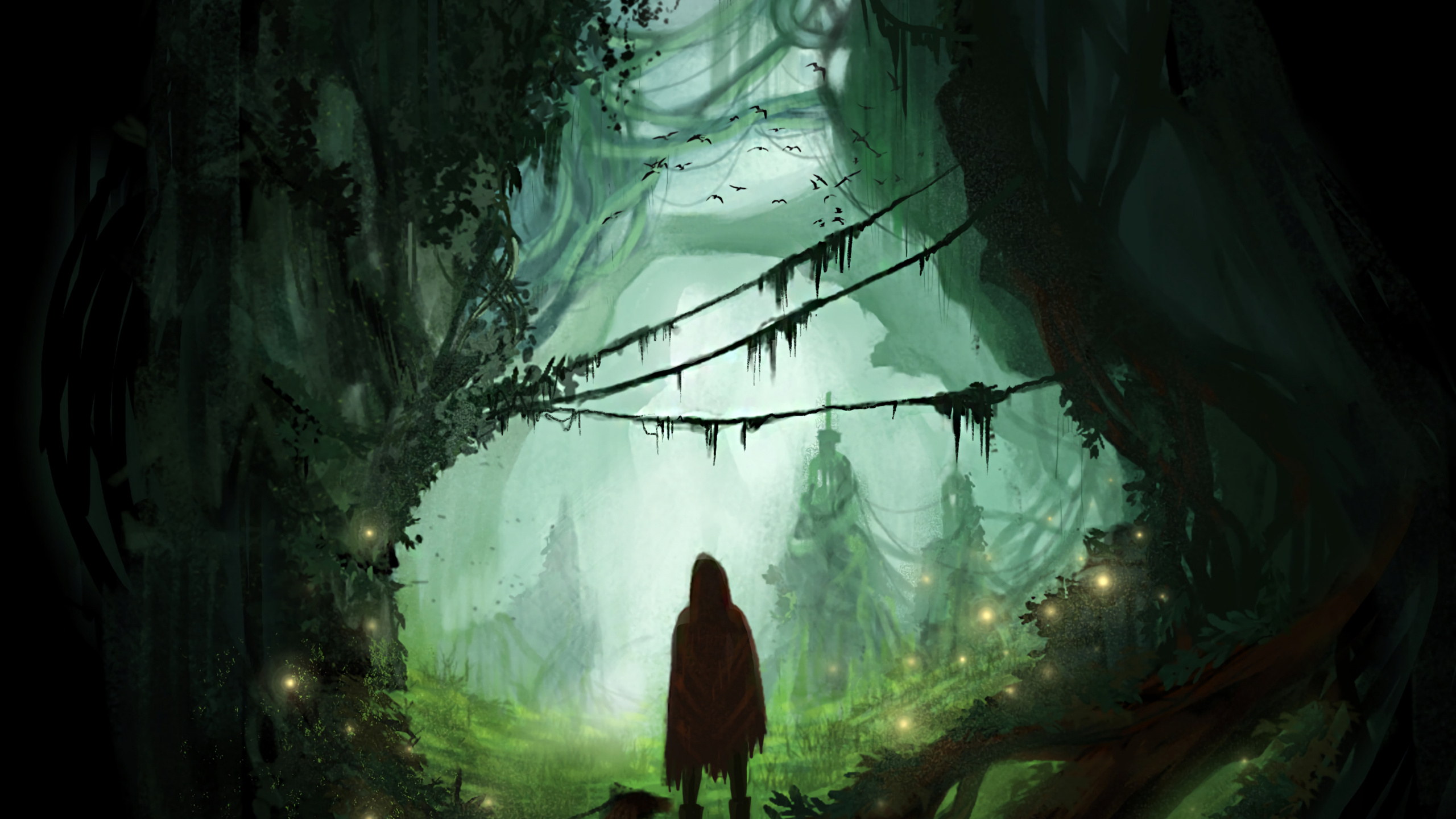 Woman in Red Dress Standing on Green Grass. Wallpaper in 2560x1440 Resolution