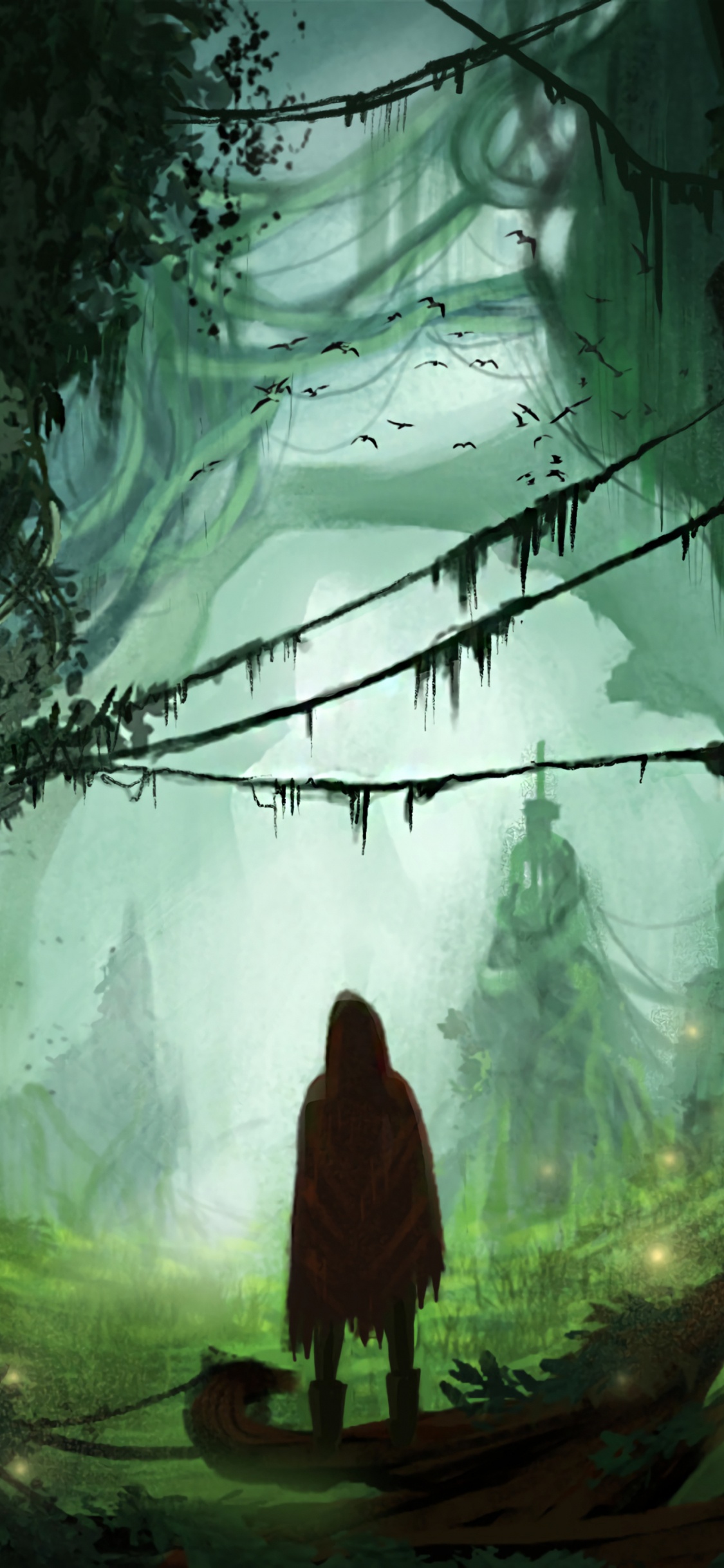 Frau im Roten Kleid Steht Auf Grünem Gras. Wallpaper in 1125x2436 Resolution