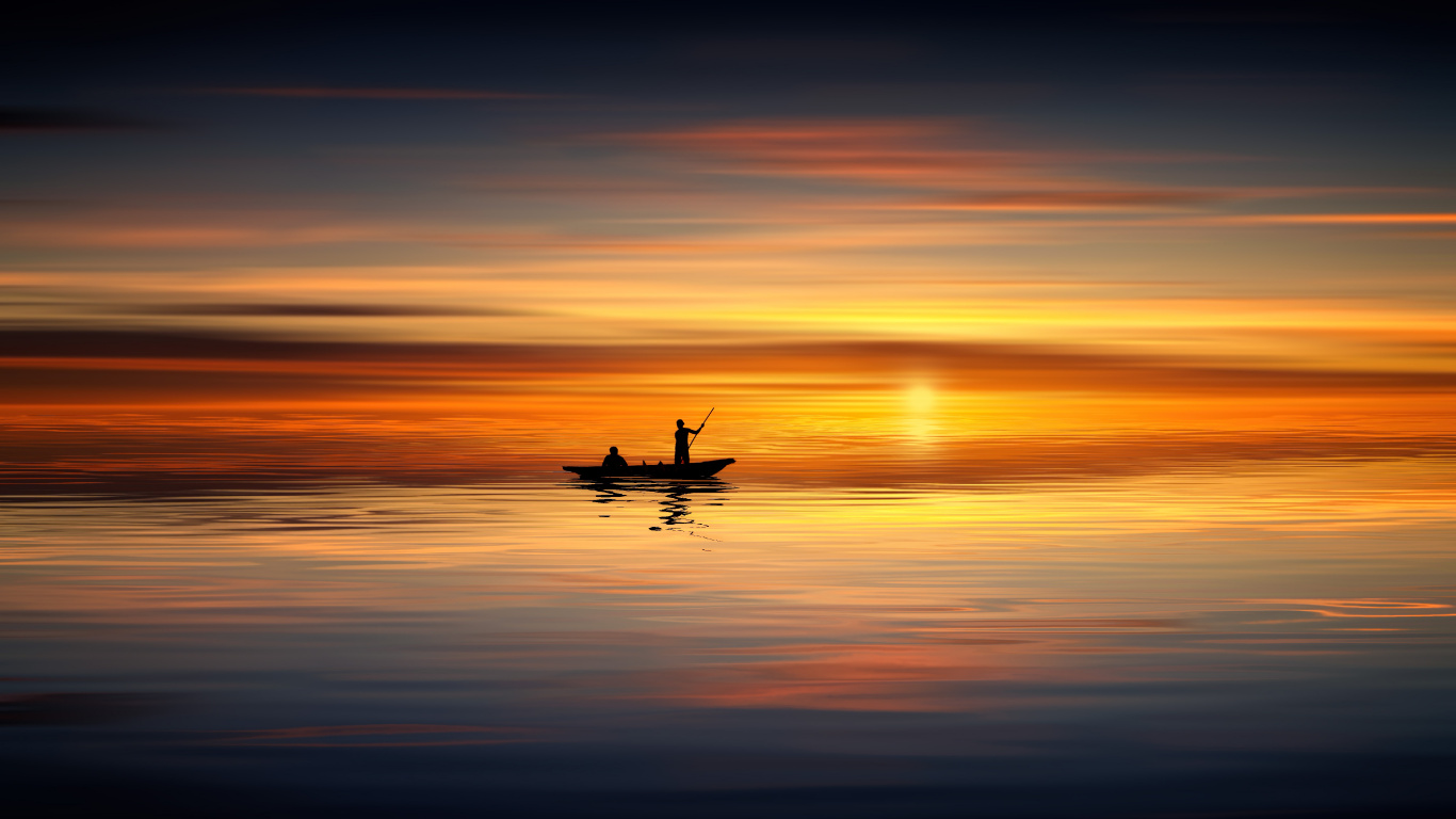 Boot, Sonnenuntergang, Segelboot, Horizont, Sonnenaufgang. Wallpaper in 1366x768 Resolution