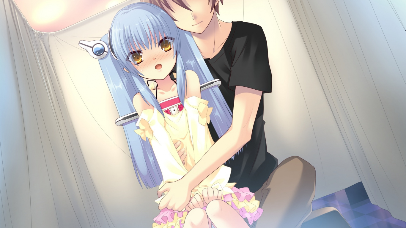 Woman in Black Shirt Holding a Girl in White Dress Anime Character. Wallpaper in 1366x768 Resolution