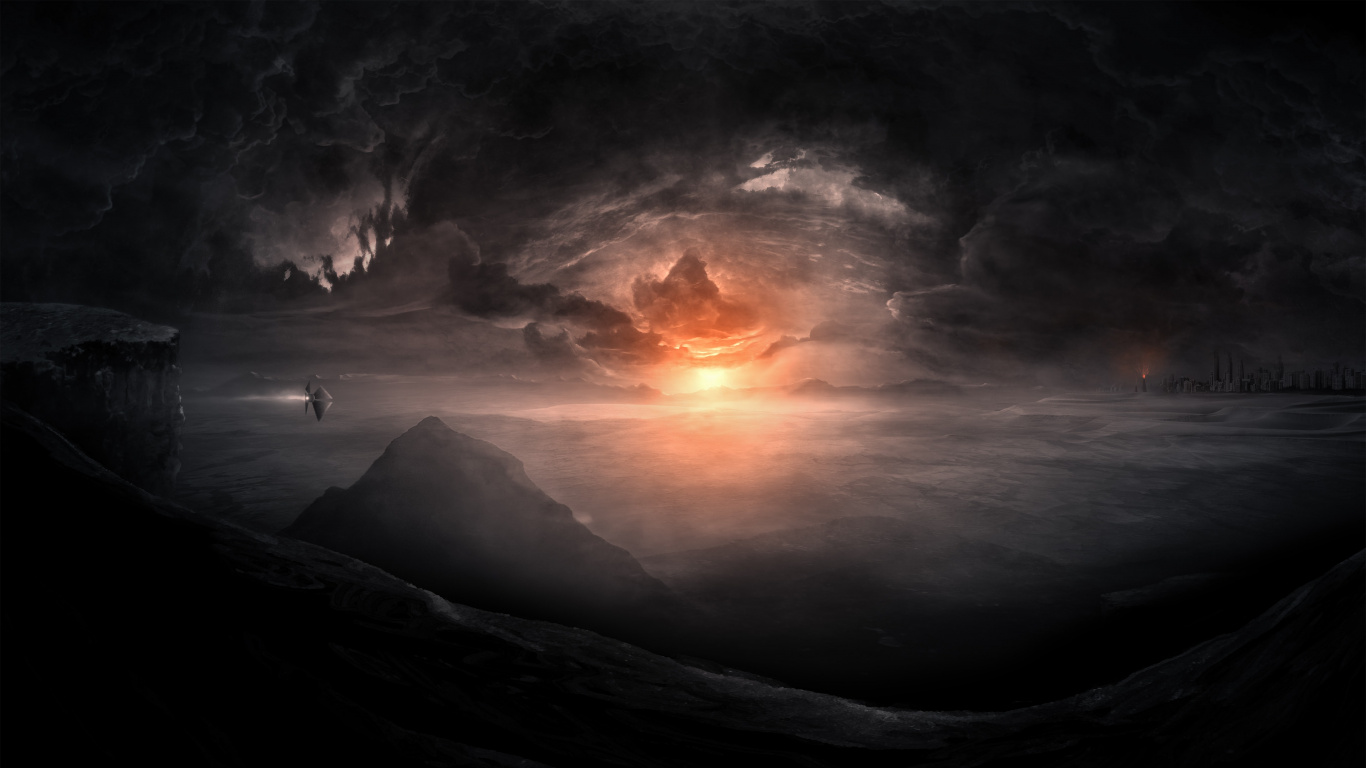 Silhouette de Montagnes Sous un Ciel Nuageux Pendant le Coucher du Soleil. Wallpaper in 1366x768 Resolution
