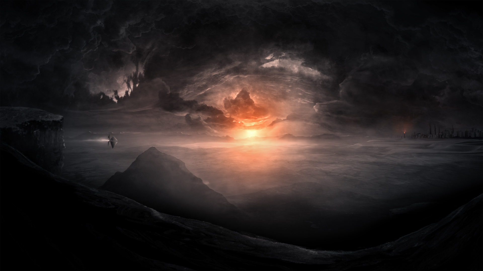 Silhouette de Montagnes Sous un Ciel Nuageux Pendant le Coucher du Soleil. Wallpaper in 1920x1080 Resolution