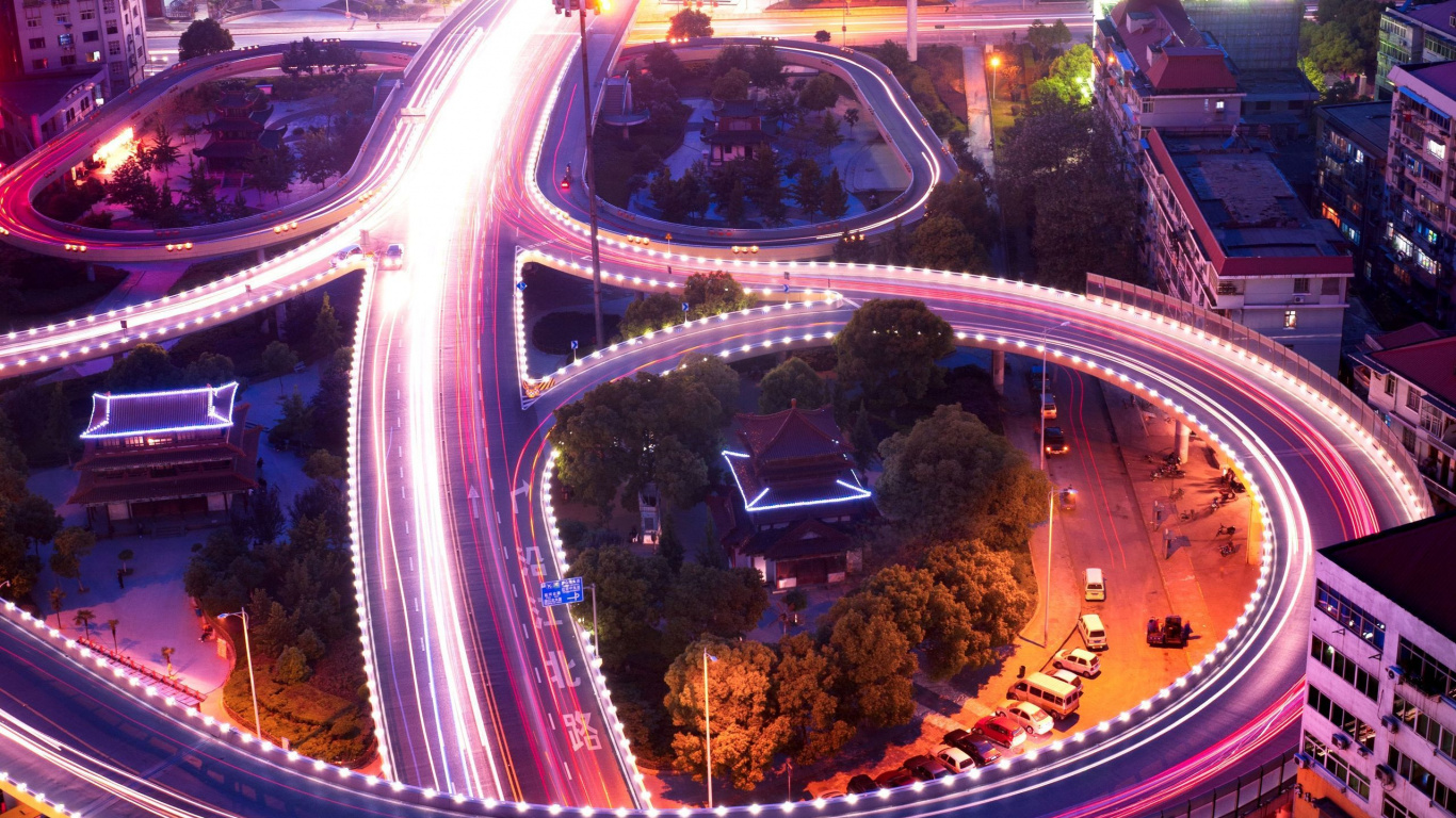 Aerial View of City Road During Night Time. Wallpaper in 1366x768 Resolution
