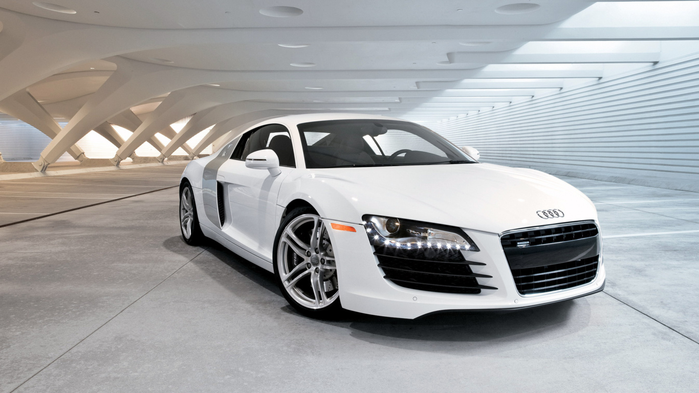 Audi r 8 Blanco Estacionado en el Garaje. Wallpaper in 1366x768 Resolution