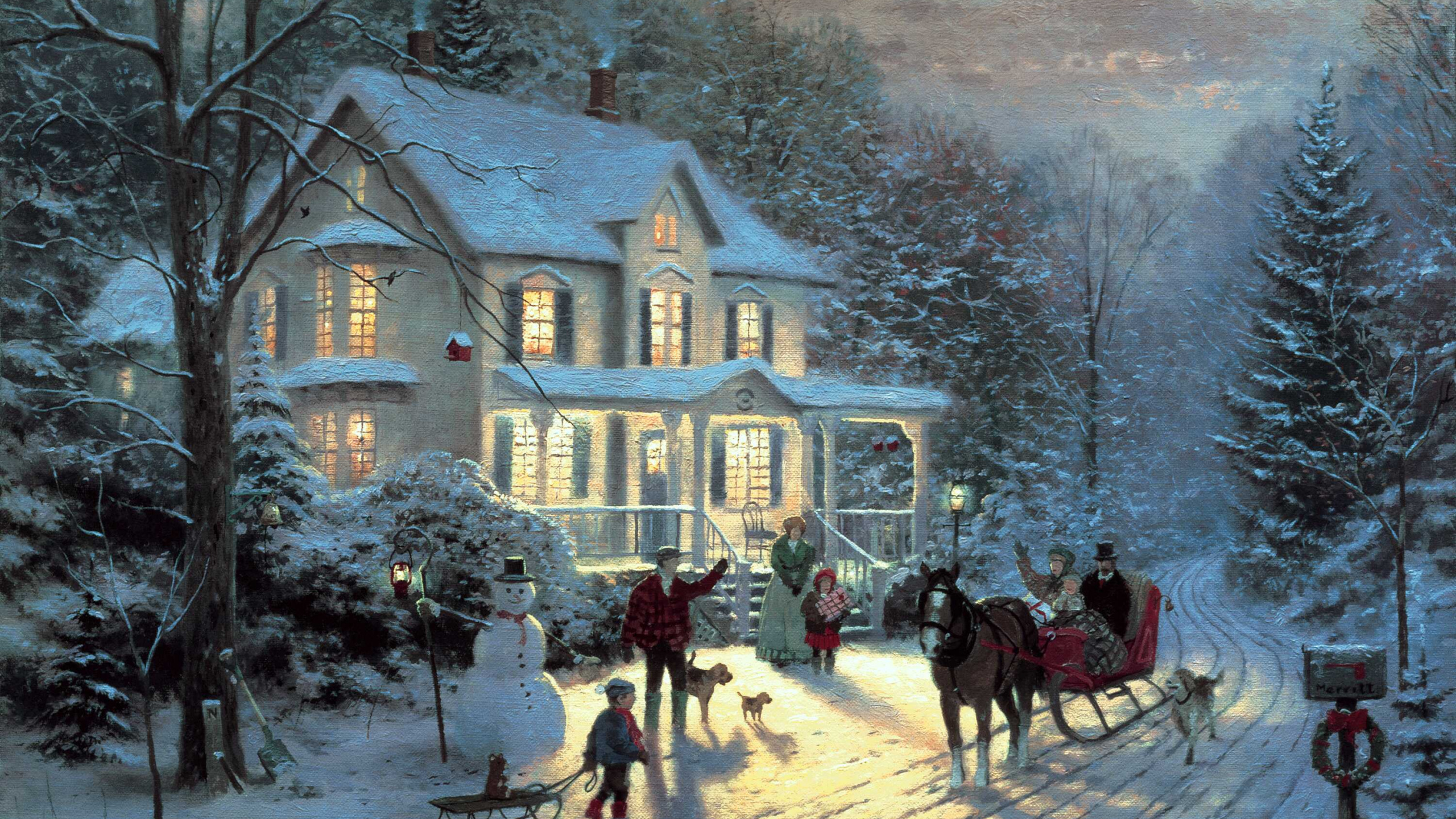 People Walking on Snow Covered Ground Near White and Brown House Painting. Wallpaper in 2560x1440 Resolution