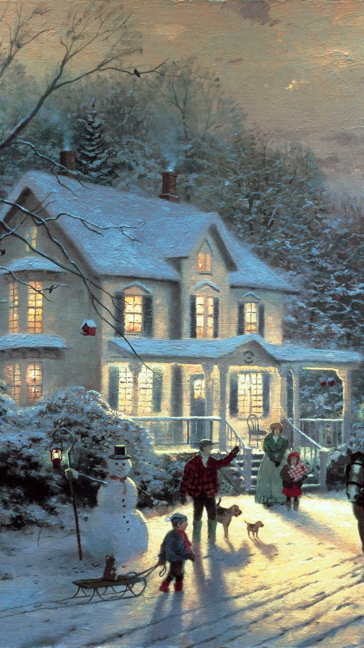 People Walking on Snow Covered Ground Near White and Brown House Painting. Wallpaper in 720x1280 Resolution