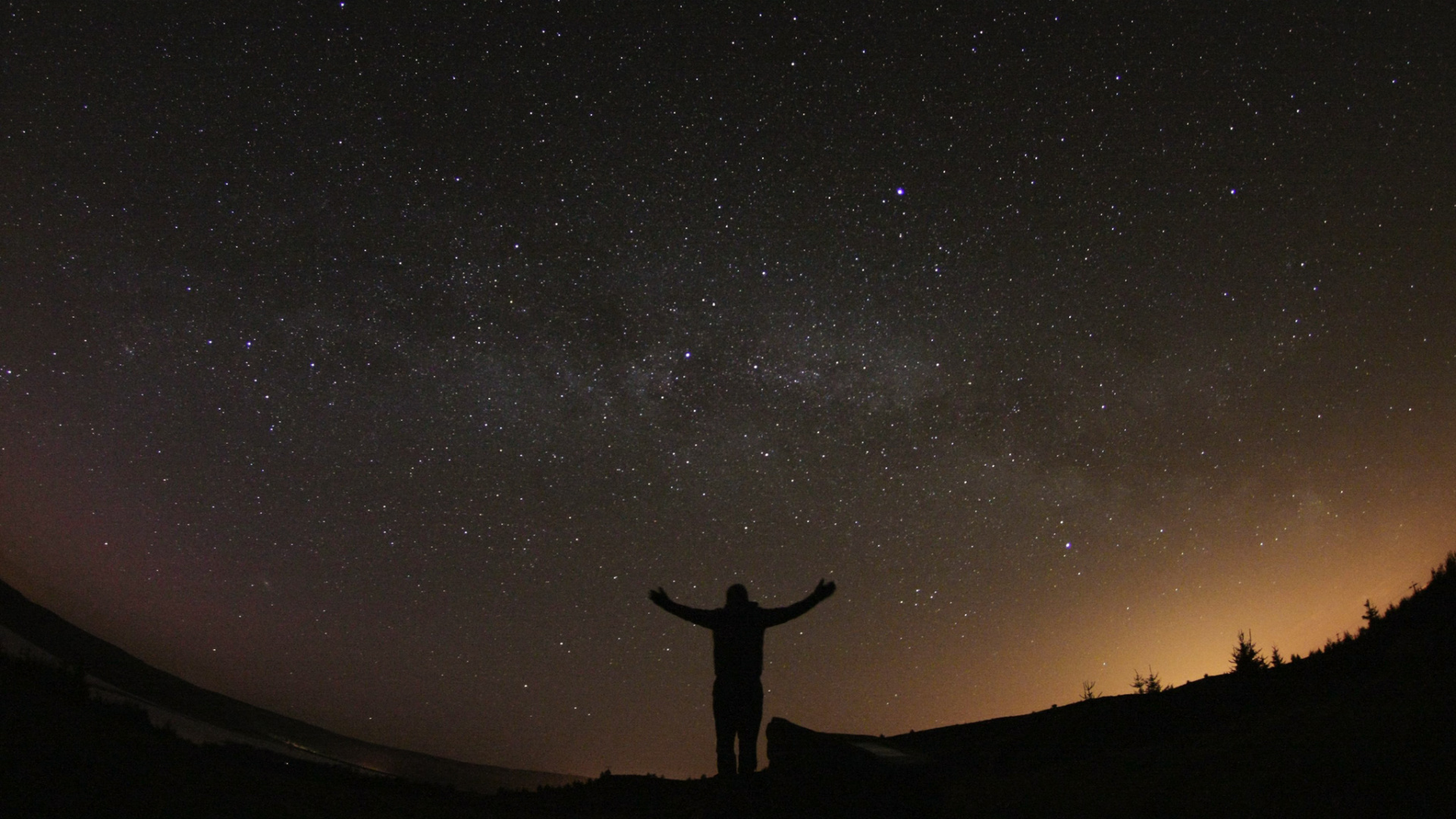 Silhouette of Person Standing on Hill Under Starry Night. Wallpaper in 1920x1080 Resolution
