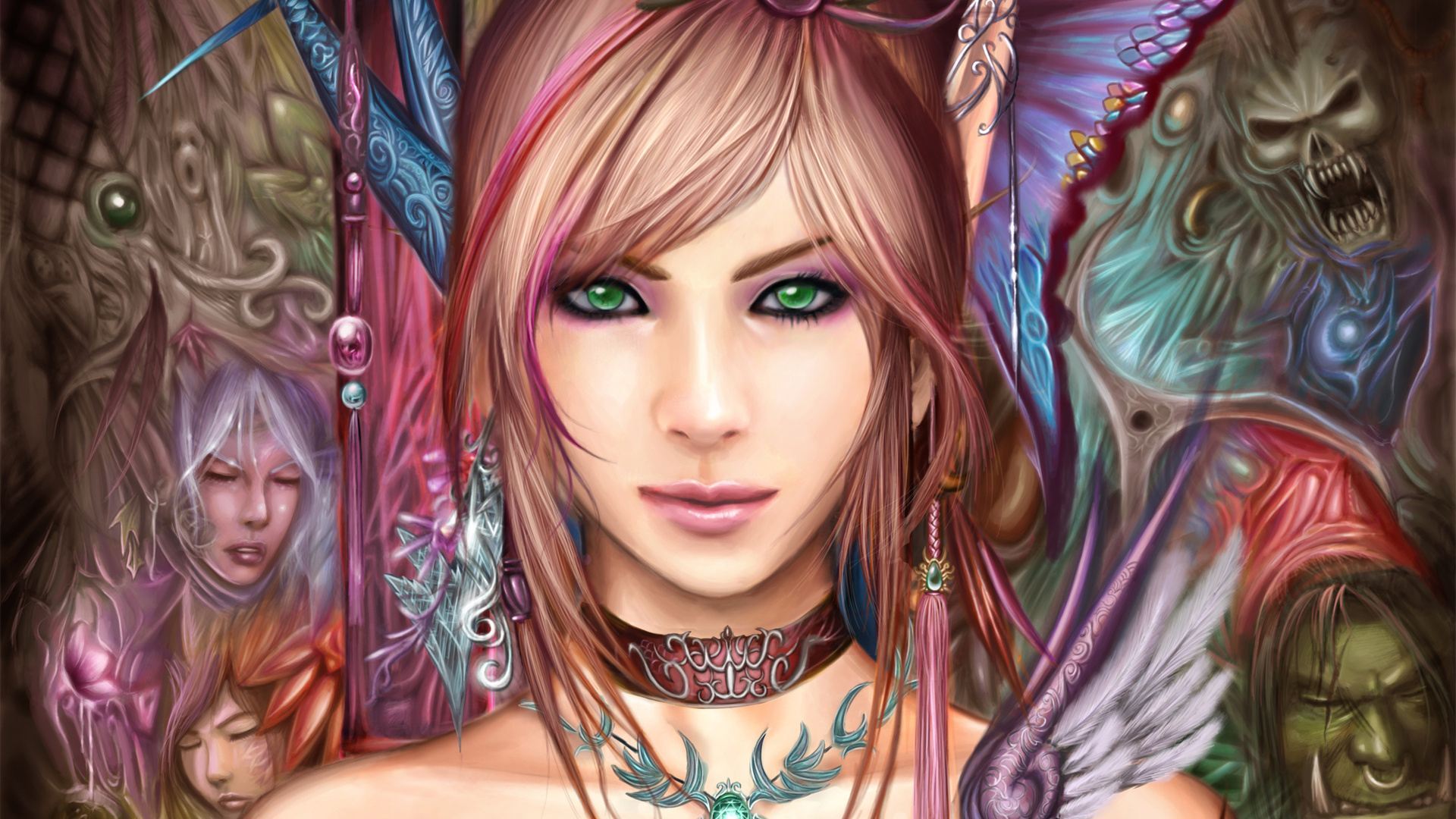 Femme Aux Cheveux Violets Portant un Collier en Argent. Wallpaper in 1920x1080 Resolution