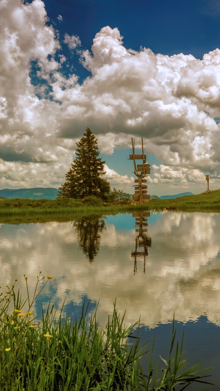 Campo de Hierba Verde Cerca Del Lago Bajo el Cielo Nublado Azul y Blanco Durante el Día. Wallpaper in 720x1280 Resolution