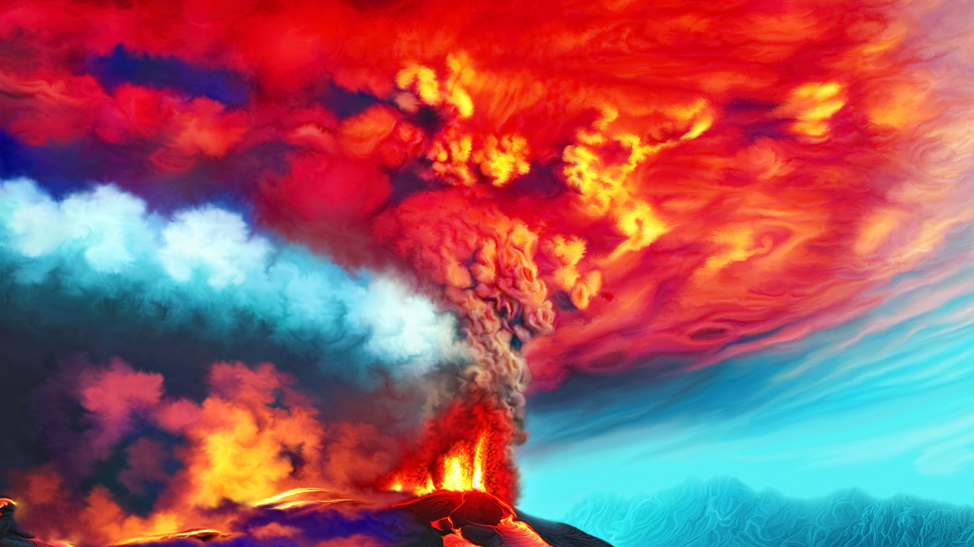 绘画, 爆炸, 类型的火山爆发, 火焰, 艺术 壁纸 1366x768 允许