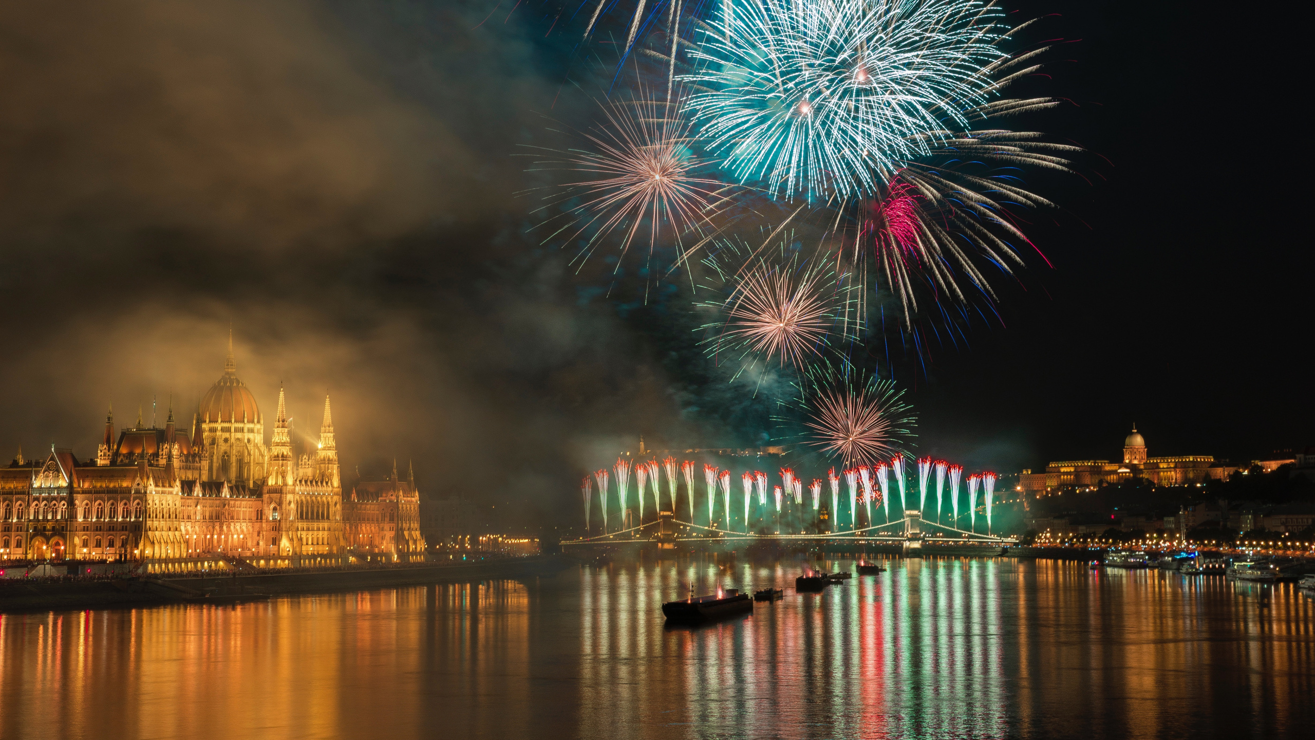 Fireworks, Reflection, Night, Nature, New Years Day. Wallpaper in 2560x1440 Resolution