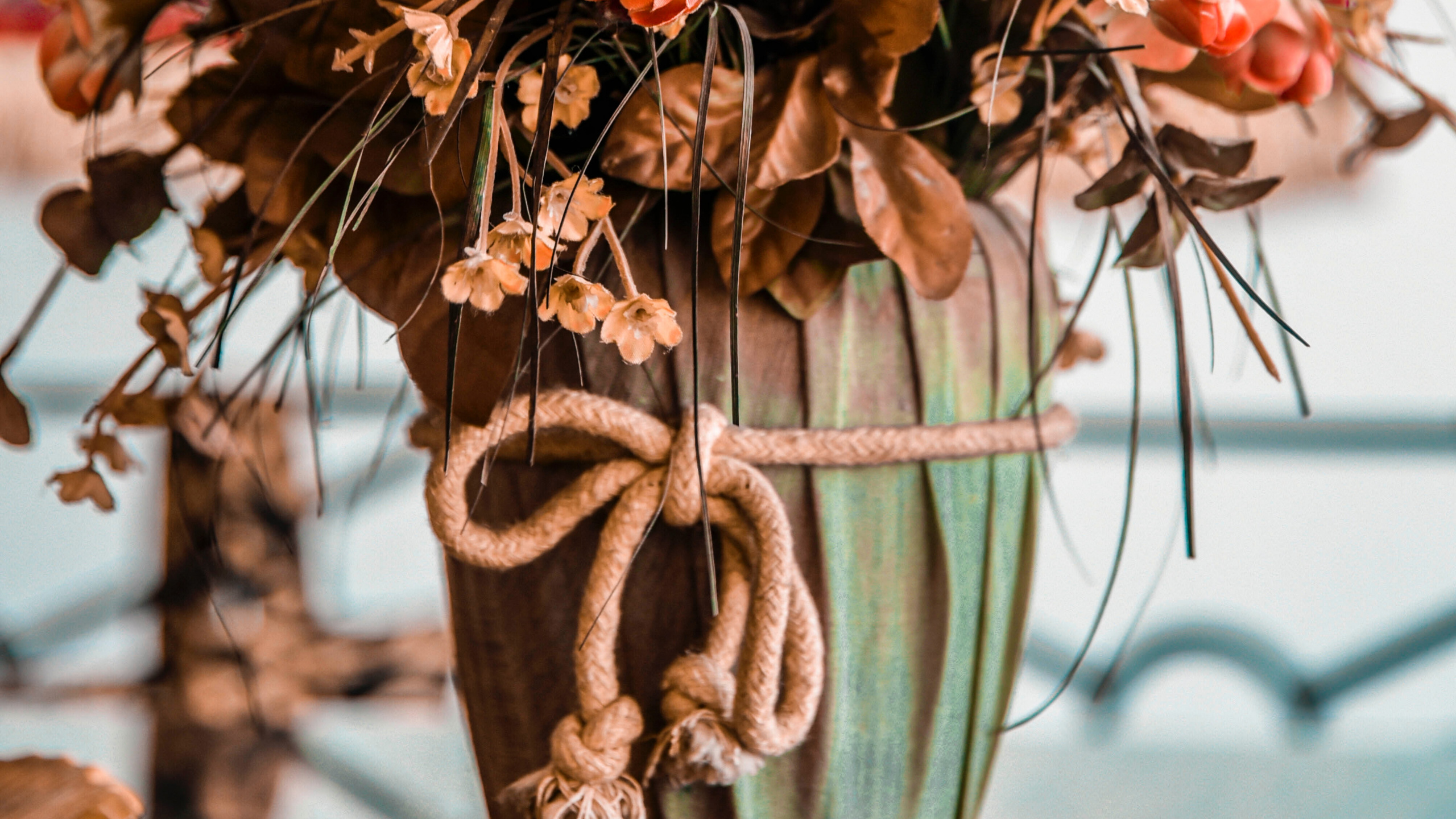 Brown and White Flowers in Green Ceramic Vase. Wallpaper in 2560x1440 Resolution