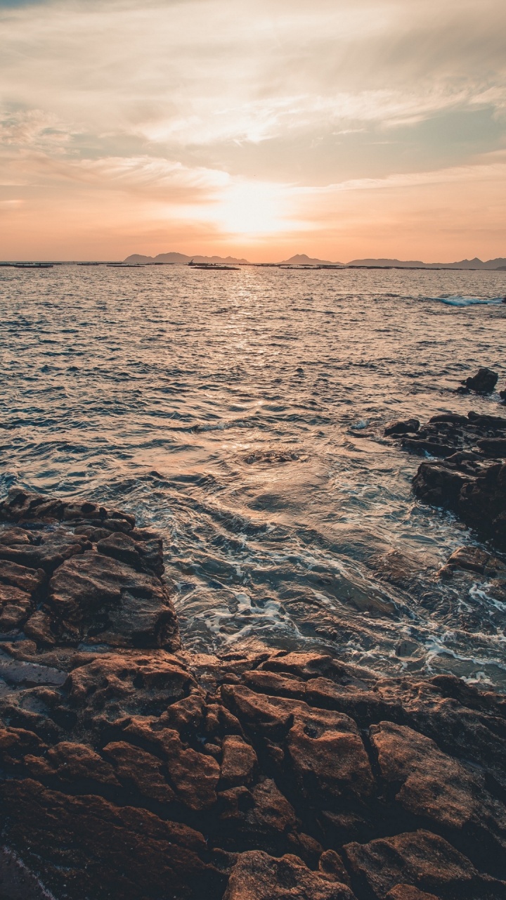 Meer, Sonnenuntergang, Horizont, Natur, Rock. Wallpaper in 720x1280 Resolution