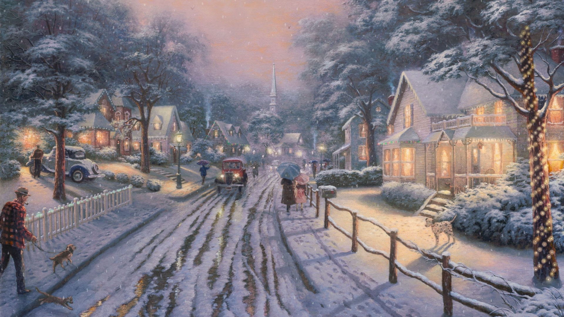 Personnes Marchant Sur Une Route Couverte de Neige Près de la Peinture Des Maisons. Wallpaper in 1920x1080 Resolution