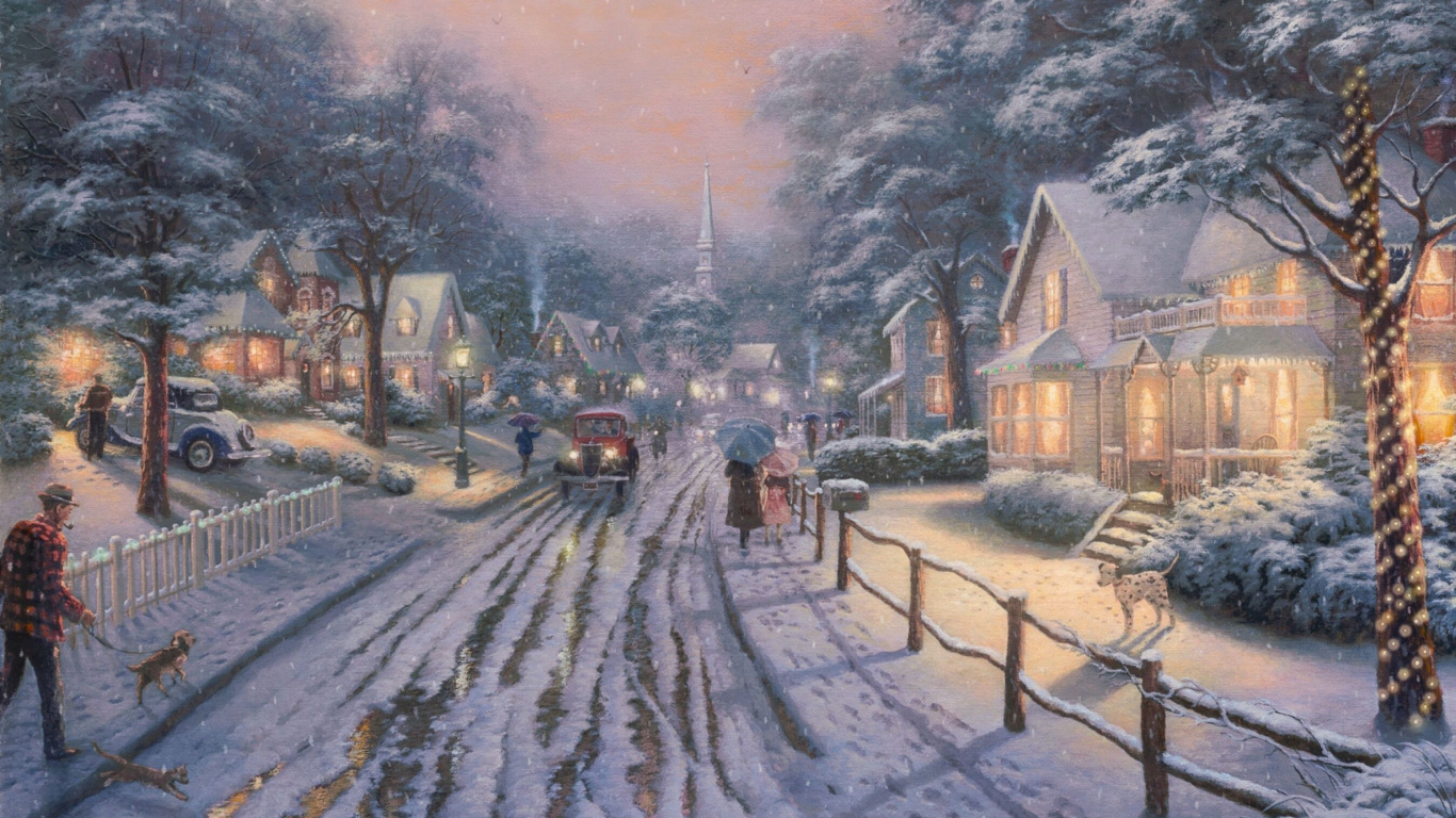 People Walking on Snow Covered Road Near Houses Painting. Wallpaper in 1366x768 Resolution