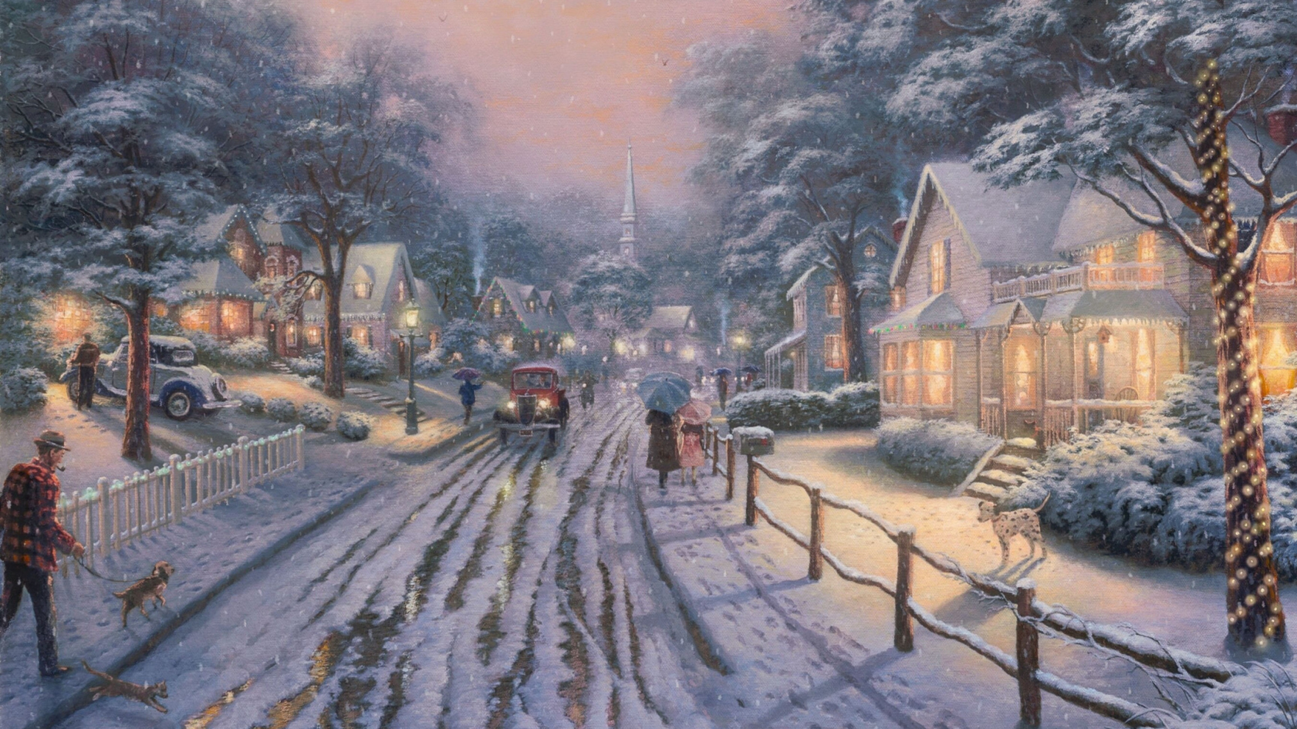 People Walking on Snow Covered Road Near Houses Painting. Wallpaper in 2560x1440 Resolution