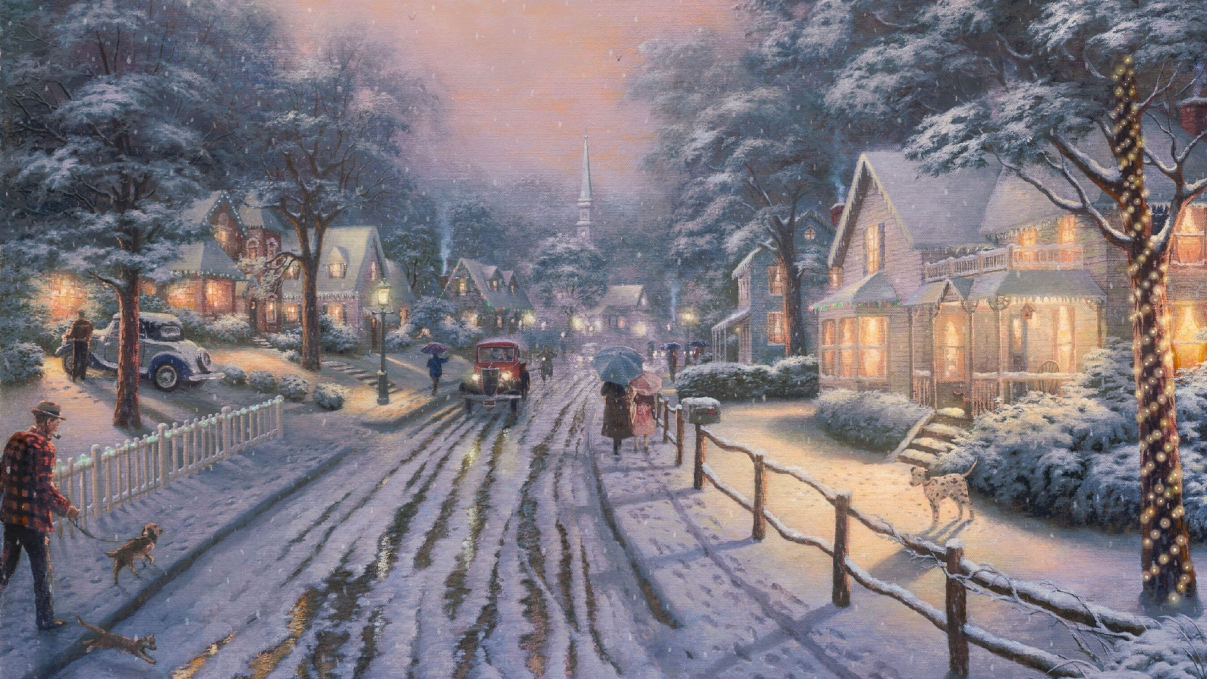 People Walking on Snow Covered Road Near Houses Painting. Wallpaper in 3840x2160 Resolution