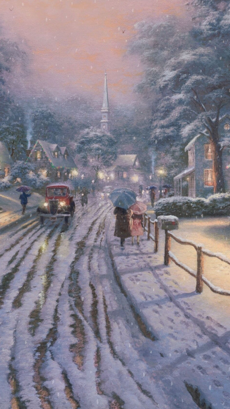 People Walking on Snow Covered Road Near Houses Painting. Wallpaper in 750x1334 Resolution