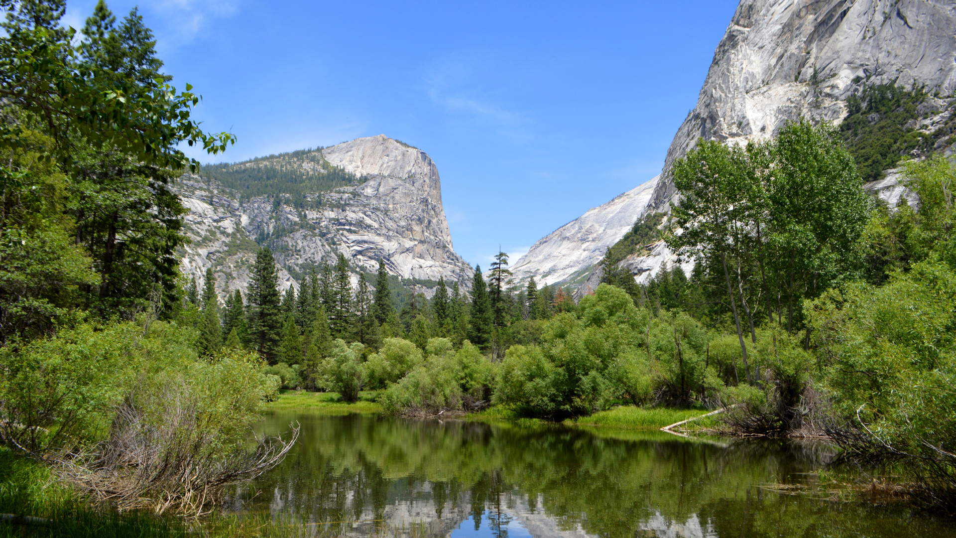 Green Trees Near Lake and Mountain Under Blue Sky During Daytime. Wallpaper in 1920x1080 Resolution