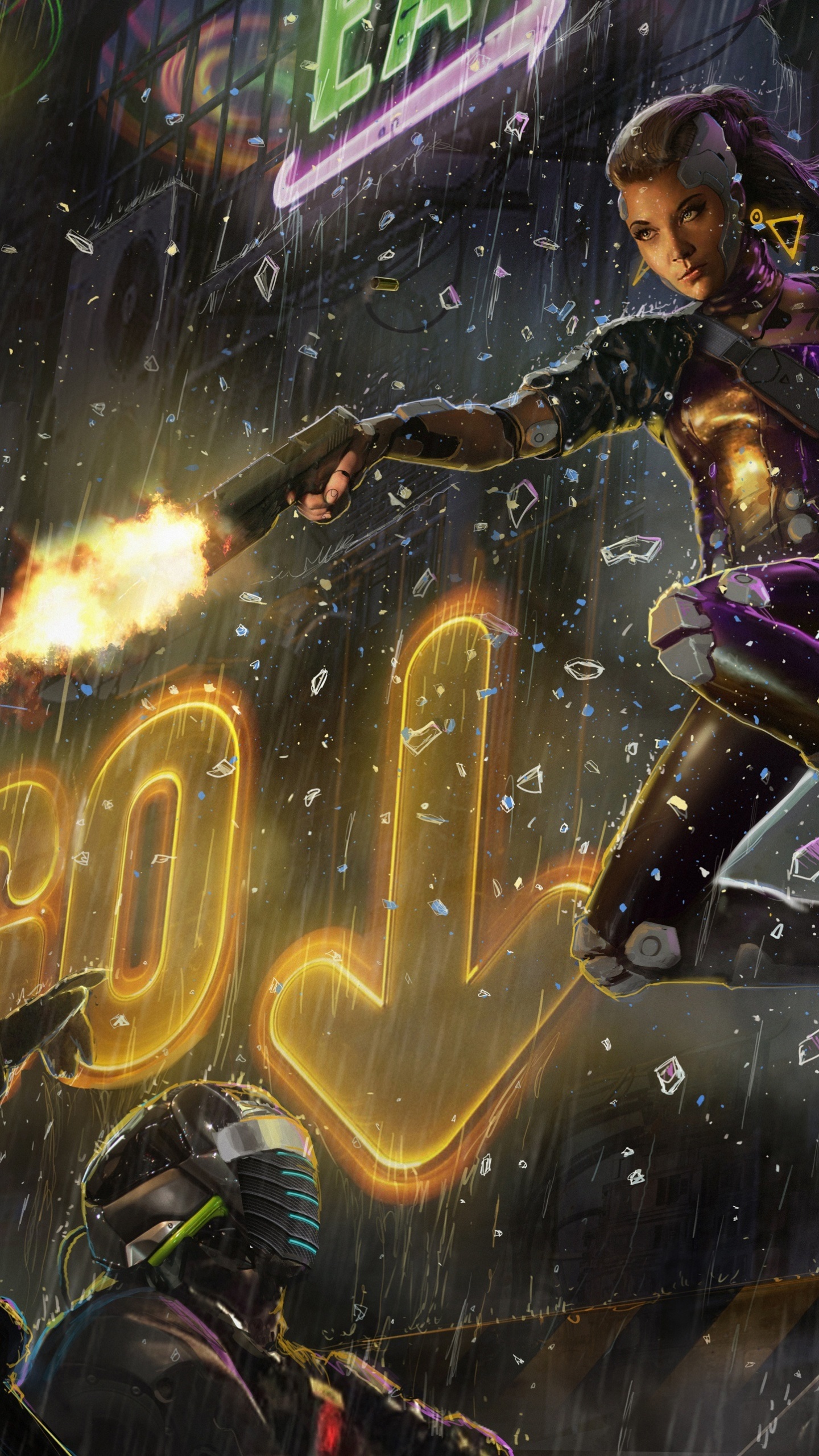 Frau im Schwarz-violetten Kleid Mit Gelbem Und Rotem Licht. Wallpaper in 1440x2560 Resolution