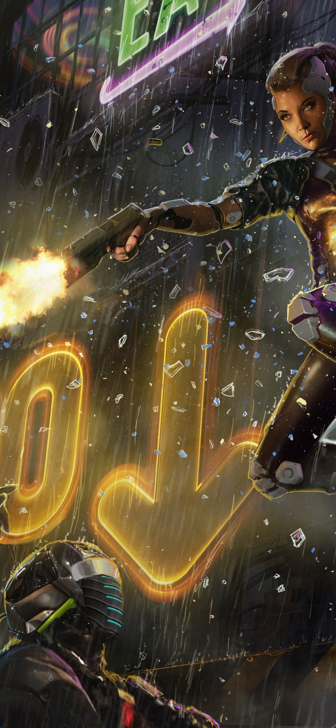 Woman in Black and Purple Dress With Yellow and Red Light. Wallpaper in 1125x2436 Resolution