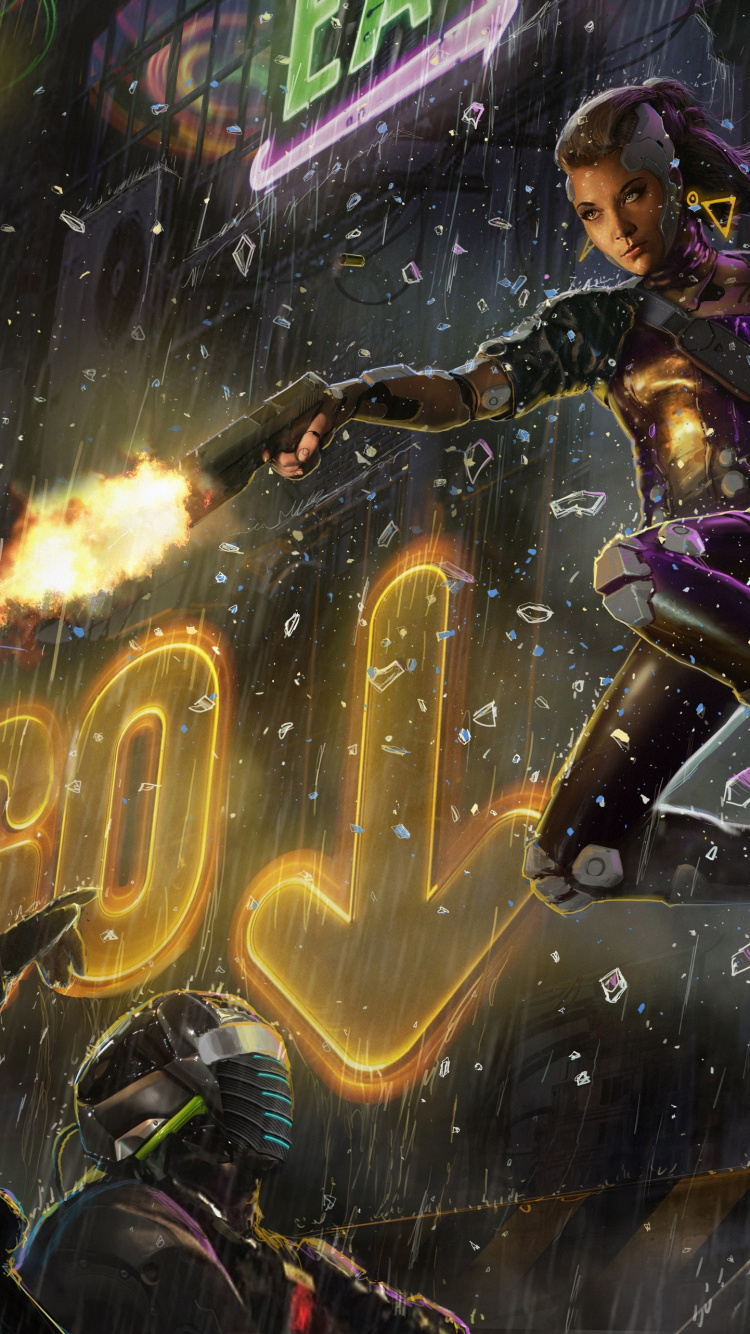 Woman in Black and Purple Dress With Yellow and Red Light. Wallpaper in 750x1334 Resolution