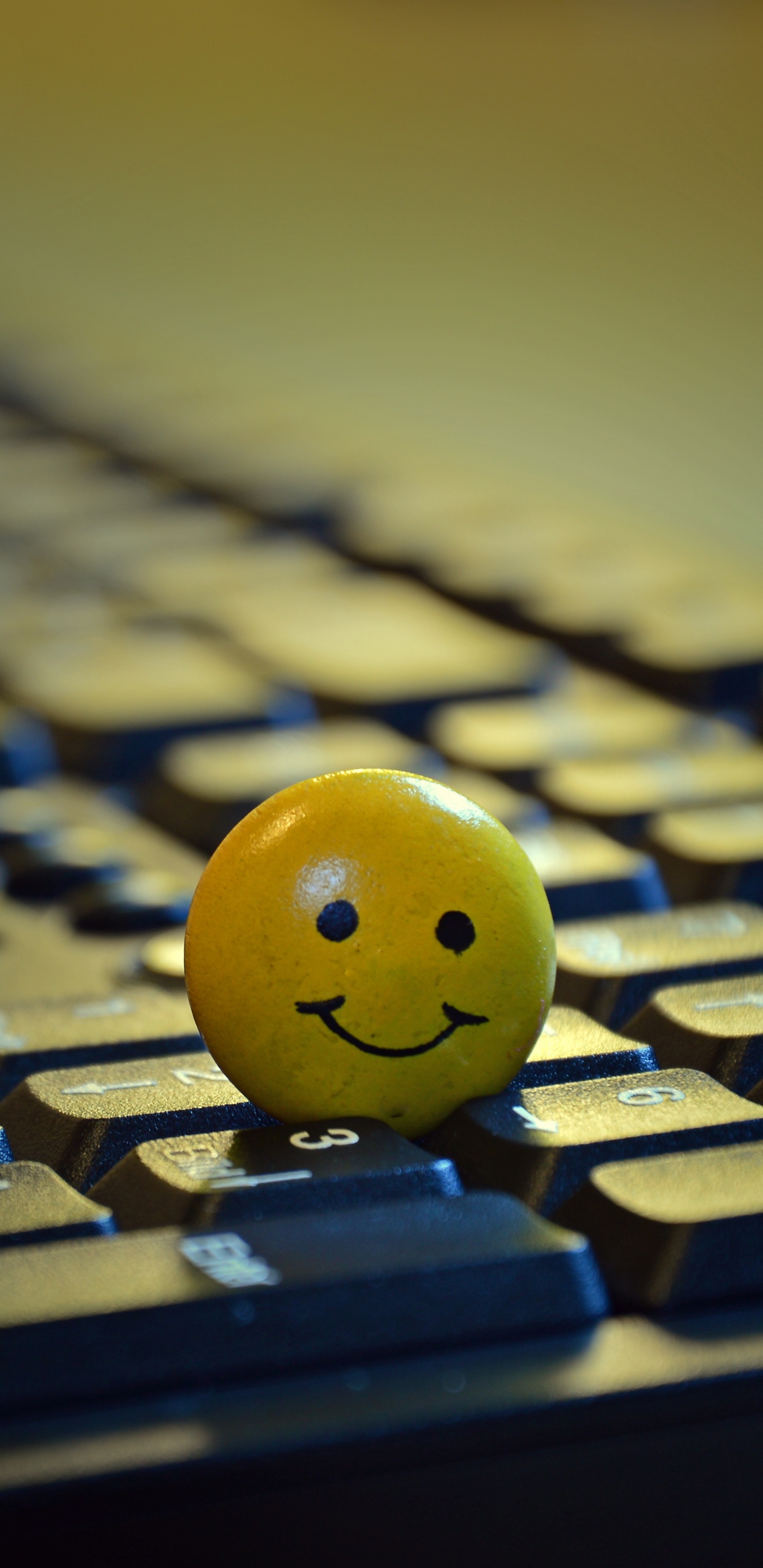 Gelber Smiley-Ball Auf Schwarzer Computertastatur. Wallpaper in 1440x2960 Resolution