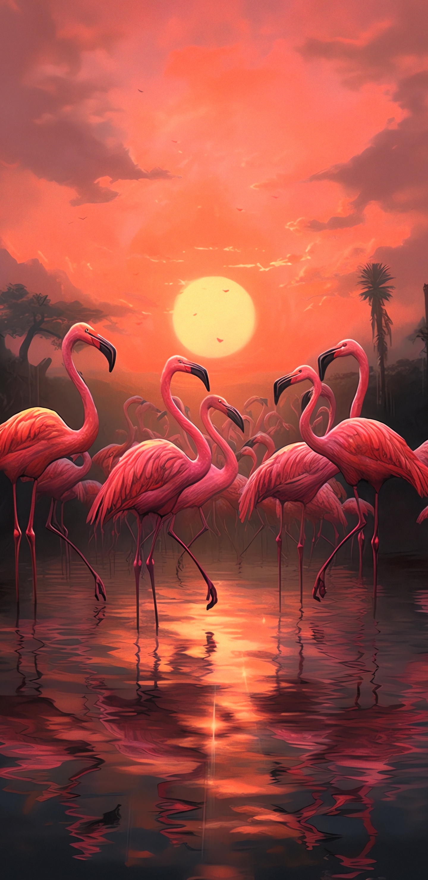 Flamenco, Puesta, Pájaros, Inteligencia, Ave. Wallpaper in 1440x2960 Resolution