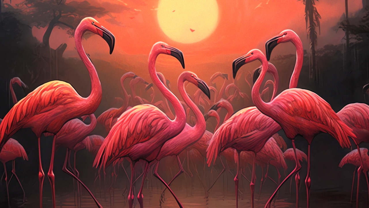 Flamingo, Sonnenuntergang, Birds, Intelligenz, Vogel. Wallpaper in 1280x720 Resolution