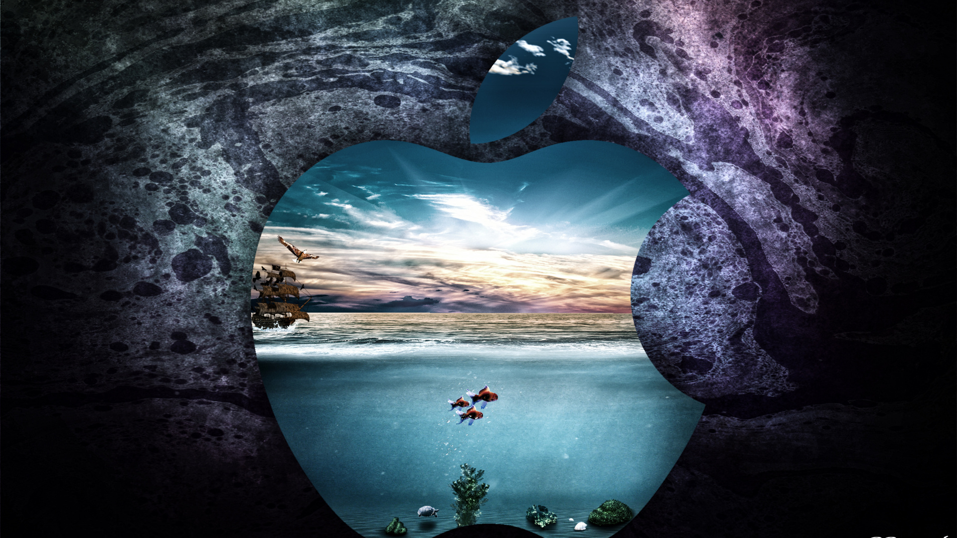 Blue Body of Water Between Purple and Black Rock Formation. Wallpaper in 1920x1080 Resolution