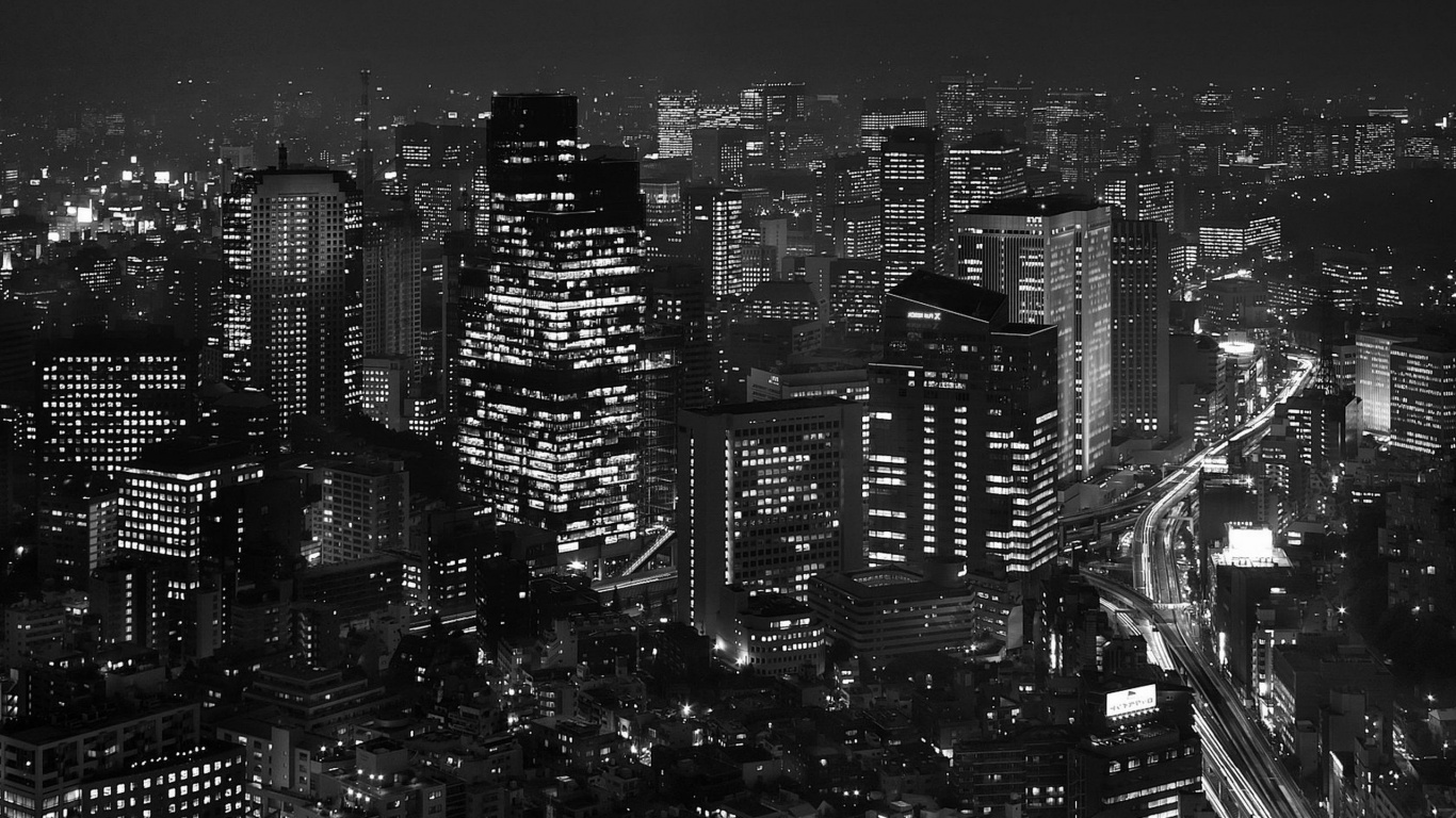 Grayscale Photo of City Buildings. Wallpaper in 1366x768 Resolution