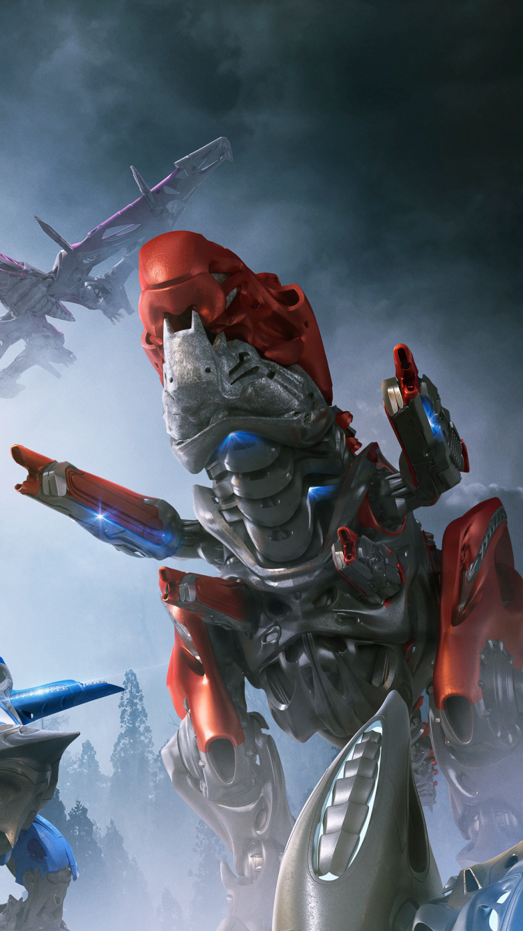 Grauer Und Roter Roboter Mit Braunem Stock. Wallpaper in 750x1334 Resolution