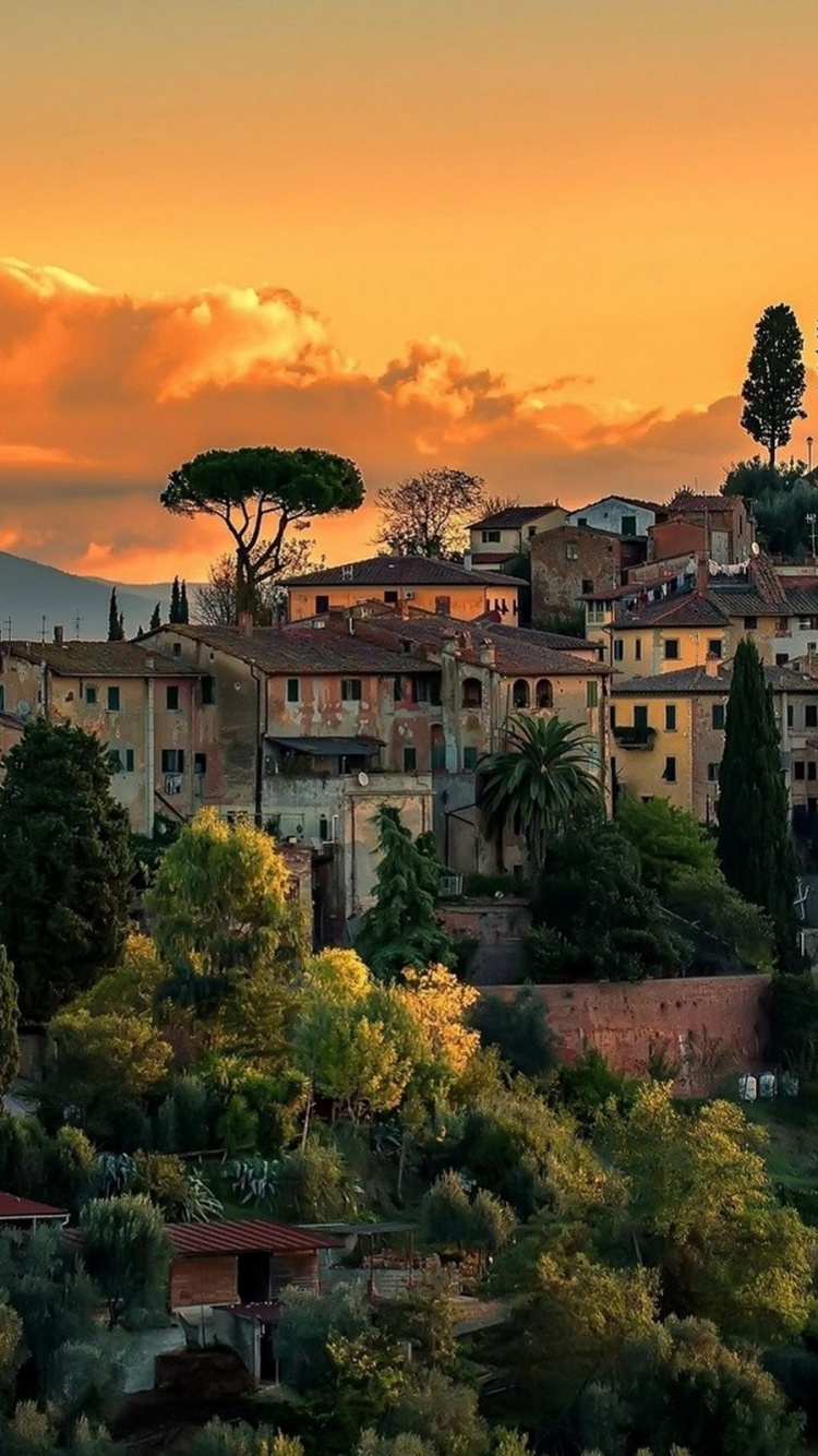 Weißes Und Braunes Betongebäude in Der Nähe Von Grünen Bäumen Bei Sonnenuntergang. Wallpaper in 750x1334 Resolution