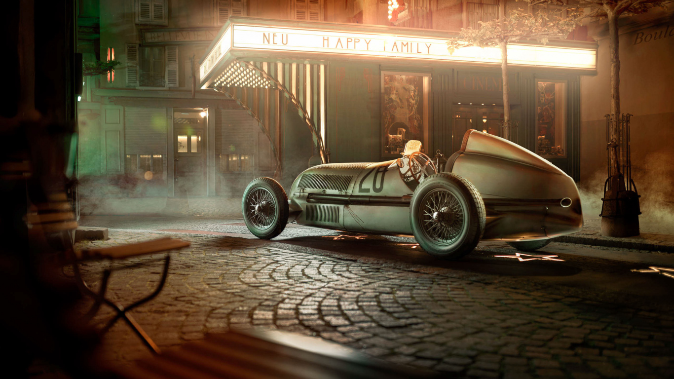 Weißes Coupe, Das Nachts Neben Dem Geschäft Geparkt Ist. Wallpaper in 1366x768 Resolution